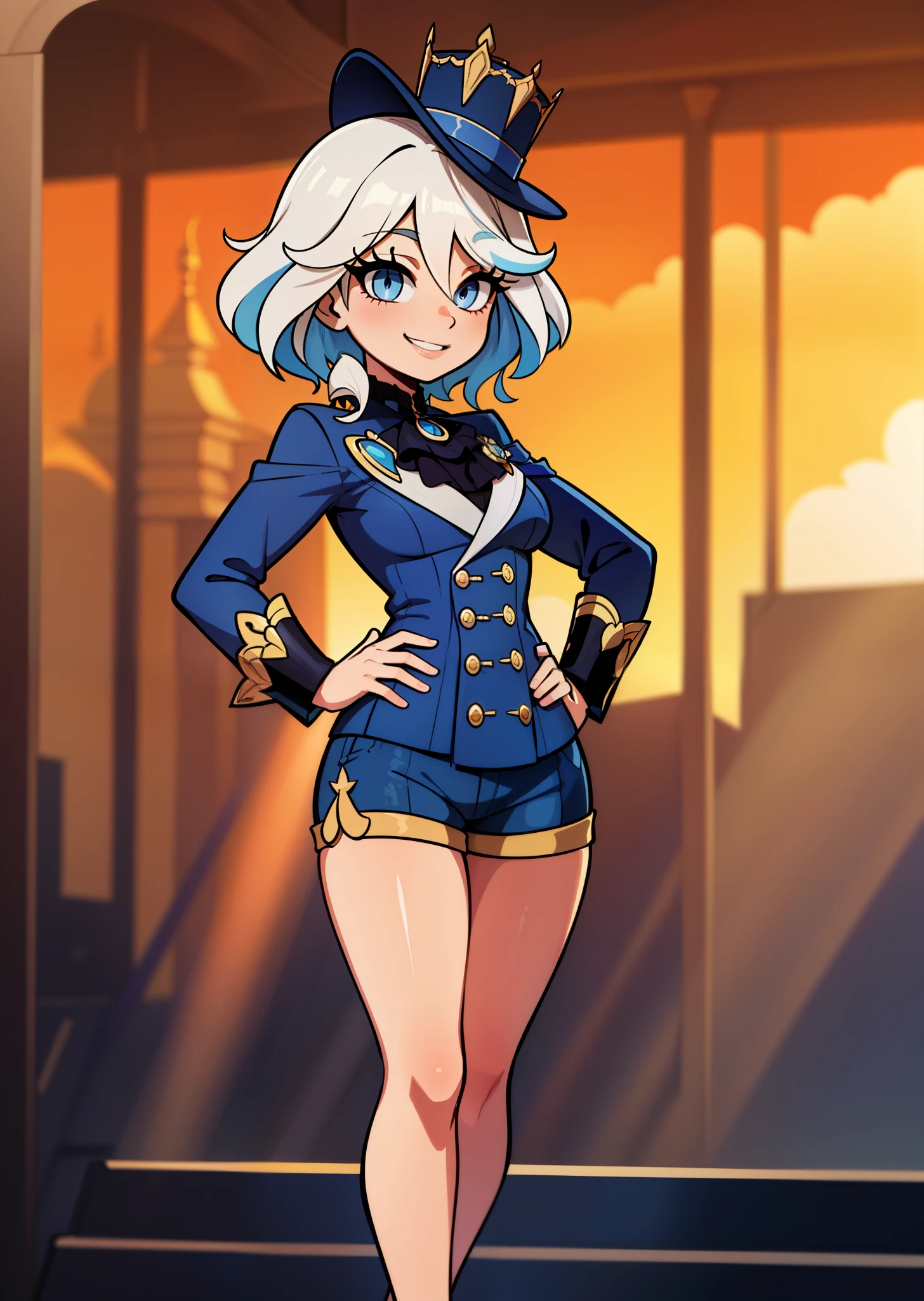 [furina], ((masterpiece)), ((HD)), ((high res)), ((solo portrait)), ((waist-up)), ((front view)), ((beautiful render art)), ((anime)), ((detailed shading)), {(attractive), (slim figure), (curly white hair), (blue highlights in hair), (cute blue eyes), (heterochromia), (long eyelashes), short eyelashes, short blue hair, (curvy hips), (detailed legs), (beautiful legs), (blushing), (cute smile)}, {(classy blue outfit), (blue shorts), (hydro vision on hip), (tophat)}, {(standing), (looking at viewer)}, [Background; (opera house), (stage), (sunrise), (sun rays), (ambient lighting)]