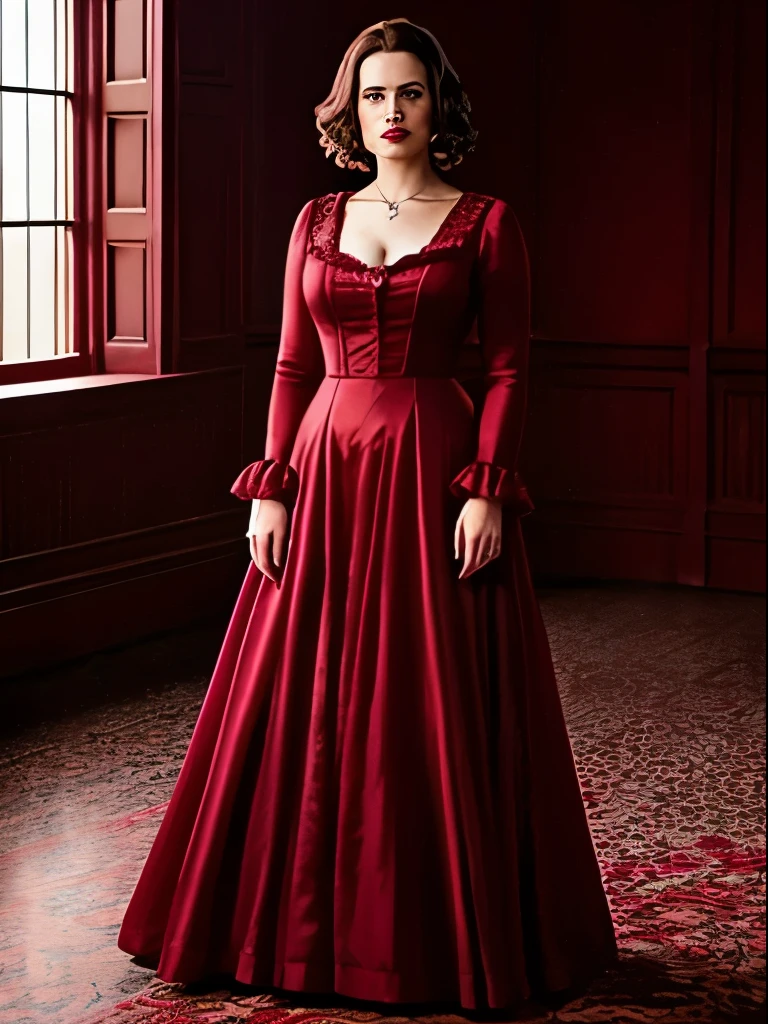 (Thirty year old) Hayley Atwell, standing, wearing a (floor length scarlet red Victorian dress:1.2), beautiful legs, dreamy photo, dramatic pose, looking straight at camera, intense stare, slight smile, blood red lips, dark eye make-up, beautiful landscape, Victorian gothic, gothic architecture, misty, andre kohn, Canon, (Detailed features::1.2), real life.