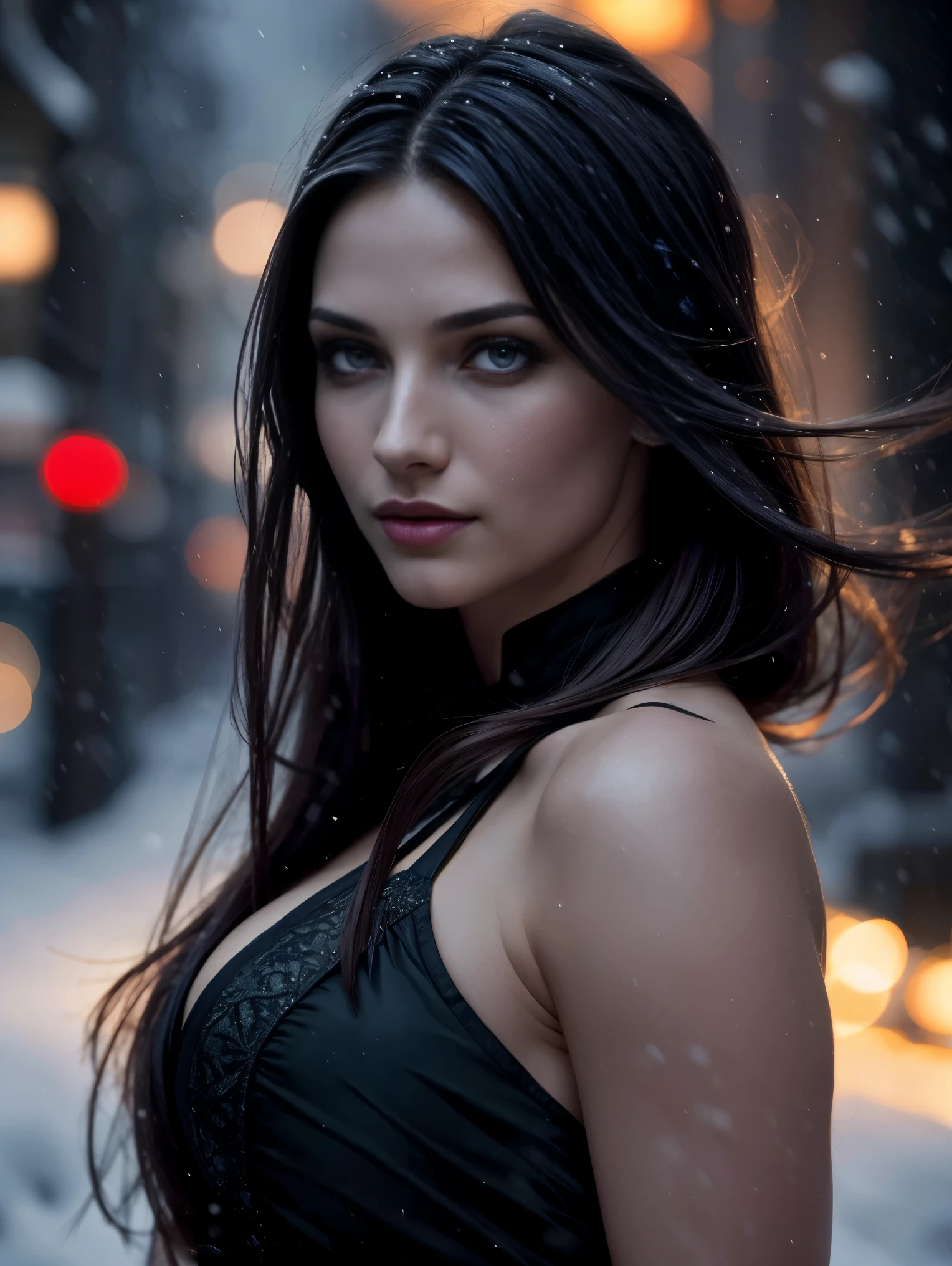 (sharp focus:1.2), photo, an ultra hot gorgeous European woman. Age 23. She’s a playmate and men magazine model. Random hair color. detailed eyes, luscious lips, (cat eye makeup:0.85), (smile:1.2), wearing (dress:1.2) on a (snowy night street:1.2). (moody lighting:1.2), depth of field, bokeh, 4K, HDR. by (James C. Christensen:1.2|Jeremy Lipking:1.1).