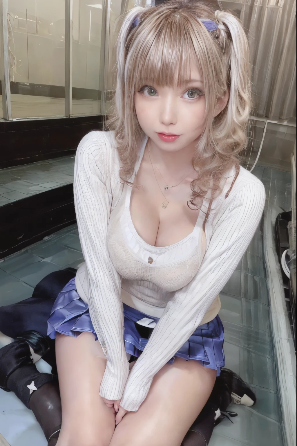 photorealistic perfect body、Super best image quality、Realistic super high quality、Super high quality face、(40 year old woman)、(japanese woman:1.4)、(huge breasts:1.5)、(cleavage:1.5)、(high school girl uniform:1.5)、( super mini skirt:1.5)、(look at the socks:1.4)、tight waist、(blonde hair:1.5)、(curly hair:1.5)、(perm hair:1.5)、(smooth bangs)、(Gal style thick eyeliner:1.1)、(long eyelashes:1.1)、(false eyelashes:1.1)、gal style makeup、gal style earrings、gal style bracelet、(Gal style triple necklace:1.2)、sit with legs spread apart in a stairway)、(white underwear)