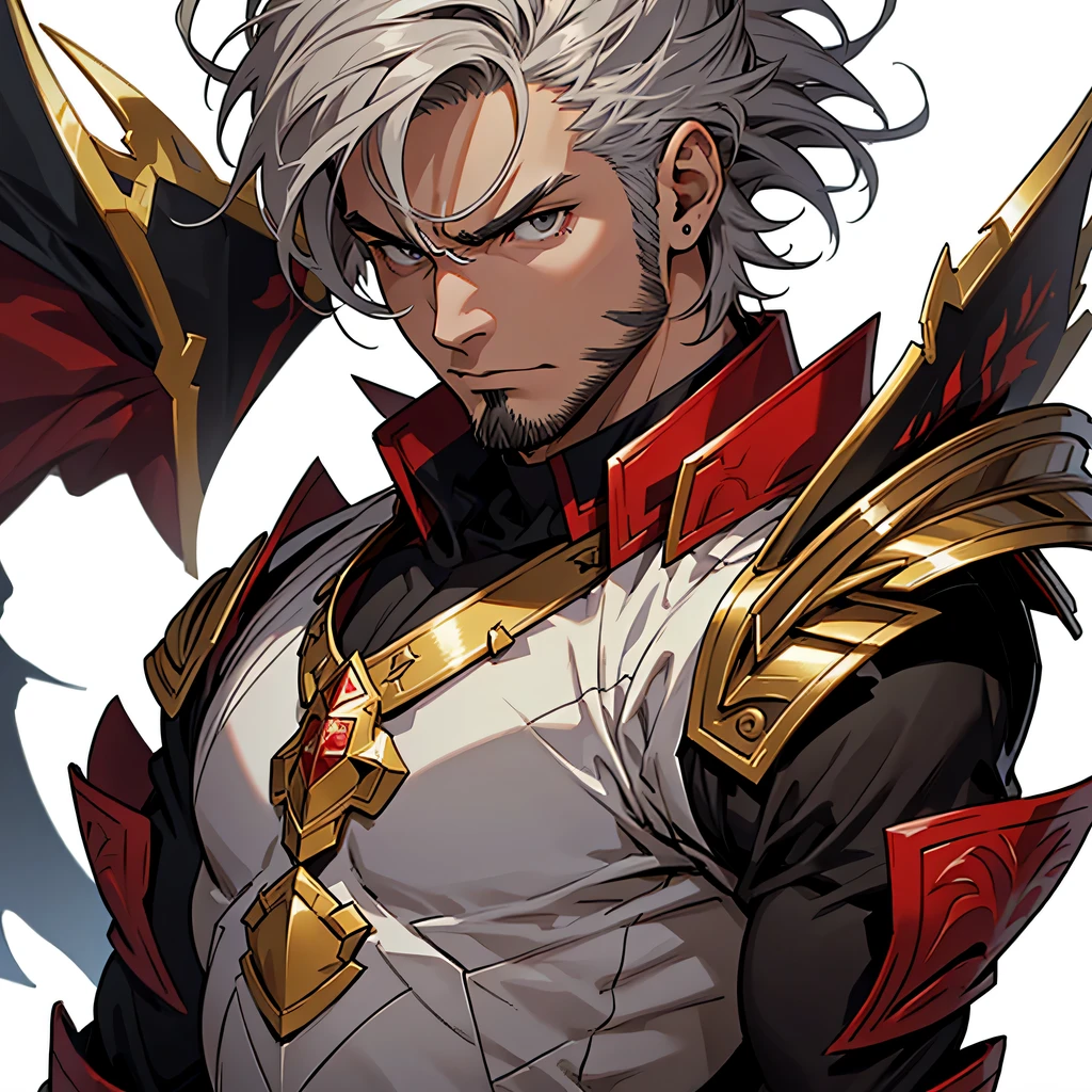 medieval anime art, masterpiece, best quality, by professional artist, male, solo, upper body portrait, detailed composition, detailed eyes, detailed hair, (((white background))), (((no background))), short spiky dark grey hair, black eyes, angry, lean muscle, wearing red and gold armor, stubble