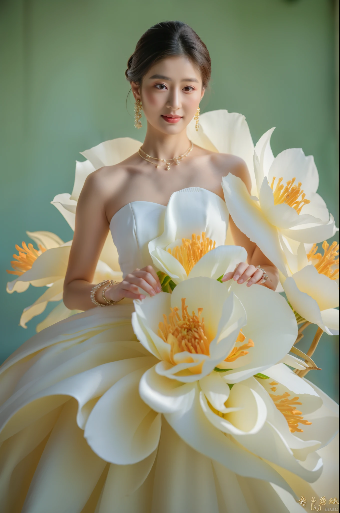 arafed woman in a white dress with large flowers on her dress, inspired by Liu Haisu, made of silk paper, robe. extremely high details, floral couture, inspired by Ruan Jia, flowing gown, dressed beautiful gown, intricate gown, sha xi, inspired by Huang Ji, inspired by Wen Jia, yanjun chengt, an intricate dress