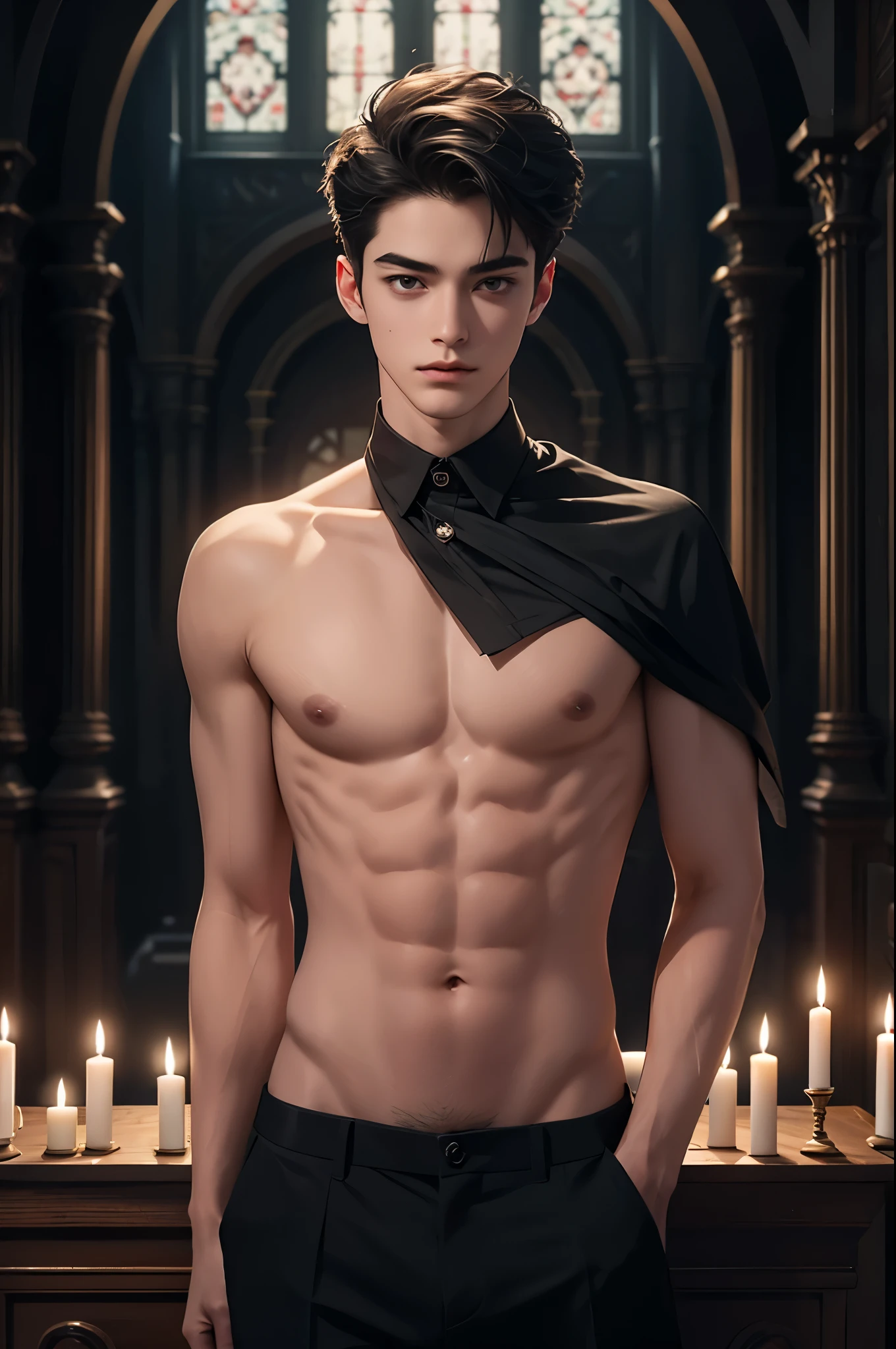 ((Best quality)), ((masterpiece)), (detailed), ((perfect face)), ((halfbody)) perfect proportions ,He is a handsome student, 18 years old, short hair, topless in uniform, there is a background of a school gothic room with lit candles, gnostic vibe ((perfect face))