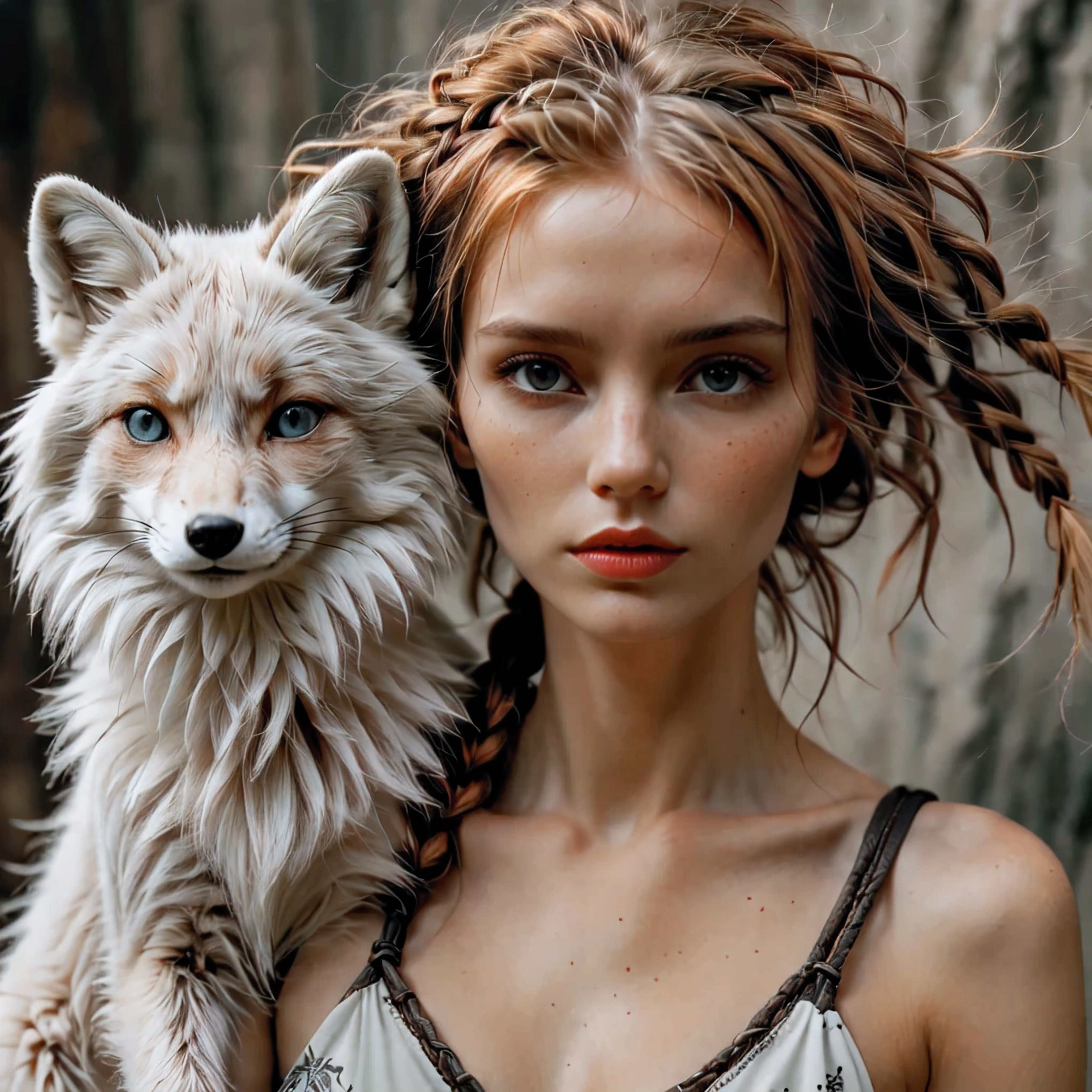 ((Close up):1.1), Outline with black ink, smooth lines, Express expressions and postures through ink contrast, The background is Nordic Tundra. Emphasize light, shadow and space. ((Drawing of Supermodel Nordic beauty with her Exotic Arctic Fox)). Light Auburn hair, (messy braided hairstyle), ((fresh)), ((detailed_beautiful-eyes):1.1), wearing furcoat, fine art piece, figurative art, Dress neatly. sexy painting, Wallop | (best quality, 4K, 8k, high resolution,masterpiece:1.2), Super detailed,(actual, photoactual, photo-actual:1.37).