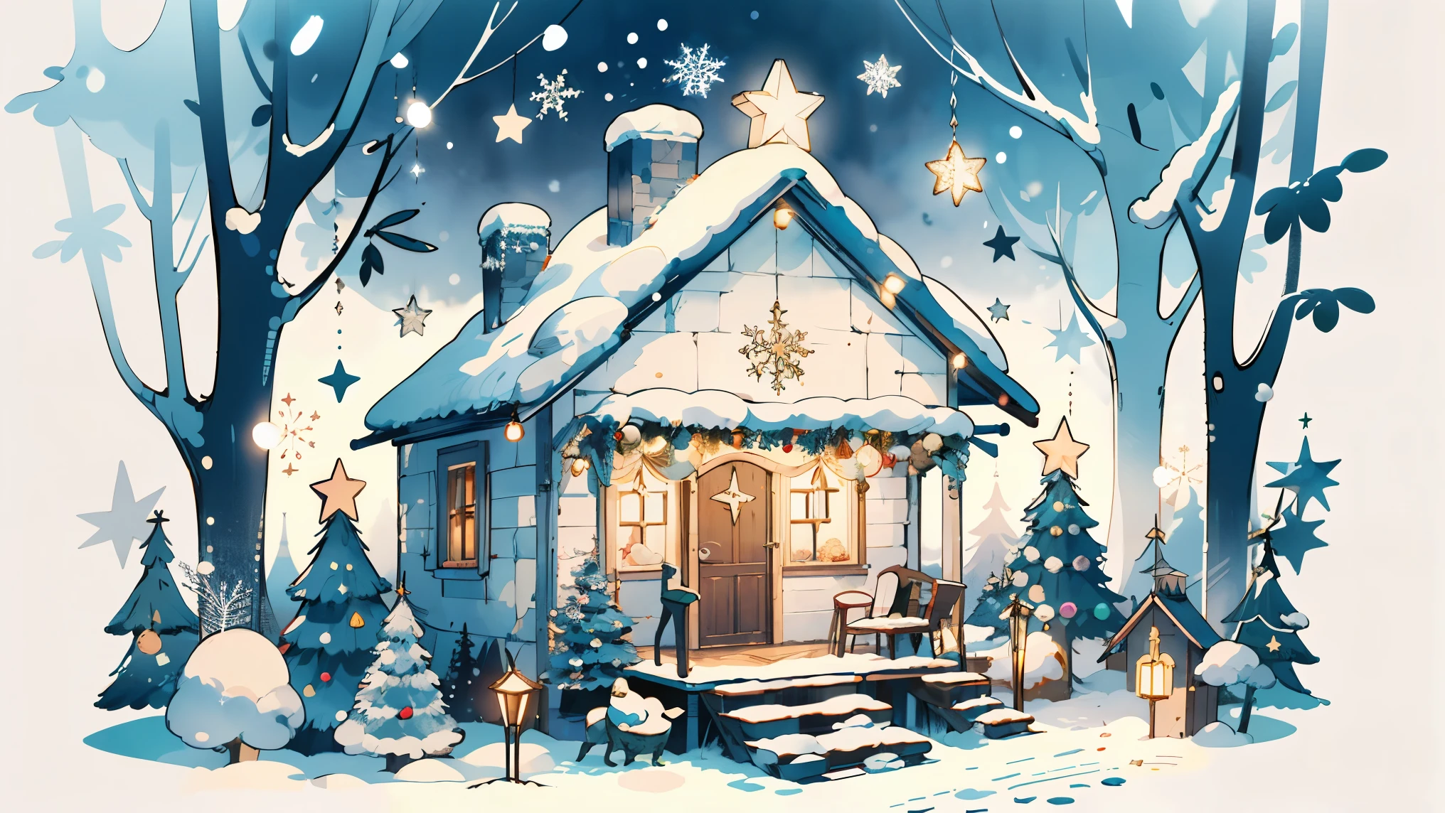 (((Masterpiece))),Best Quality, Whitetown, Russian New Year, Salutes , Bright color, snowing, Christmas tree, balls on the Christmas tree, Hut in the woods, New Year's Eve