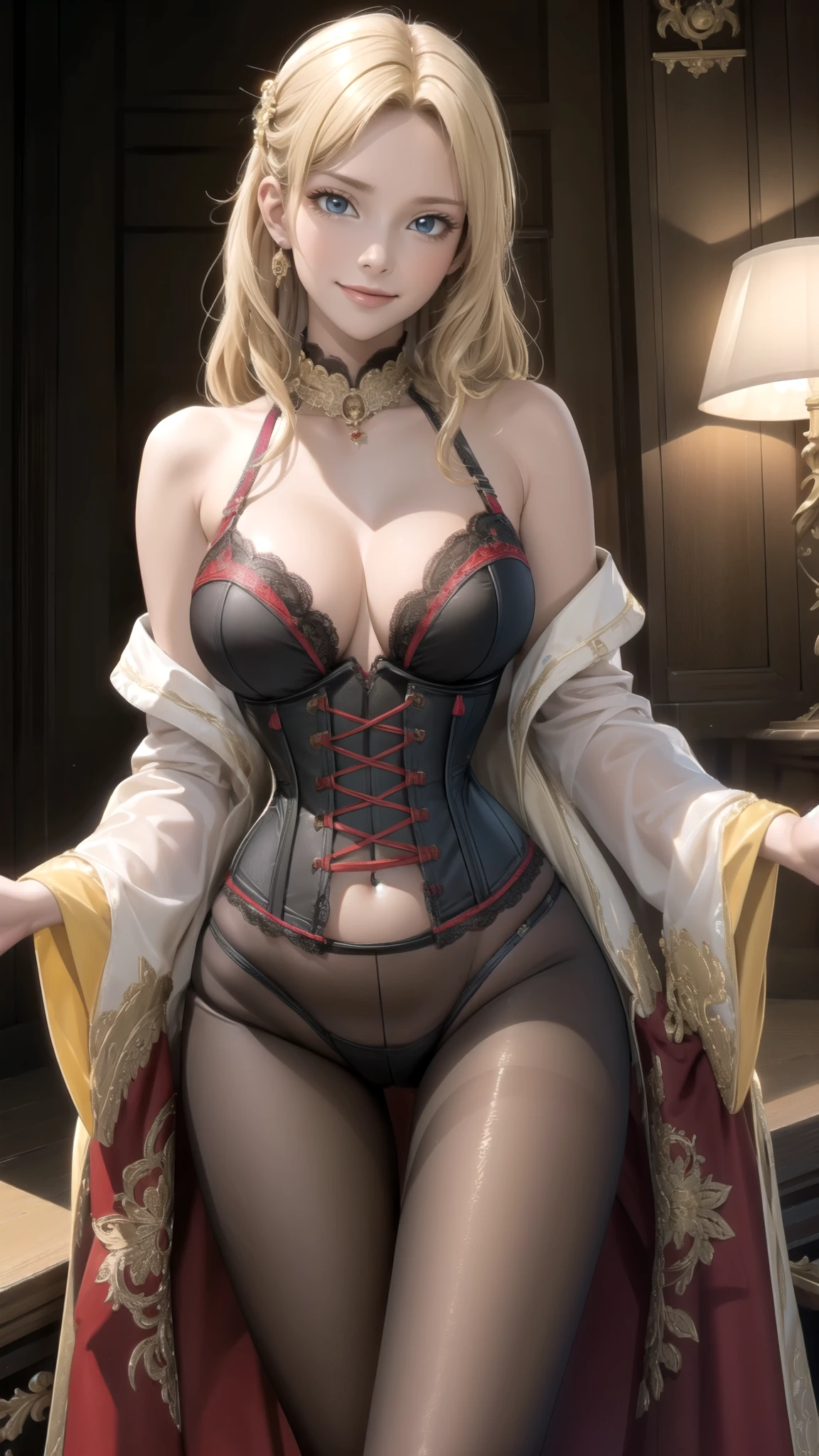 (best quality,4k,highres:1.2),ultra-detailed,(realistic:1.37),fierce looking girl,corset push-up,blonde waves,glamourous,red,yellow,v-shaped,medium **-****-***,tucking hands behind,toned,lace,silk,sexy mood,leaning towards the viewer,bending at the waist,resting hands on a barstool,front view,happy