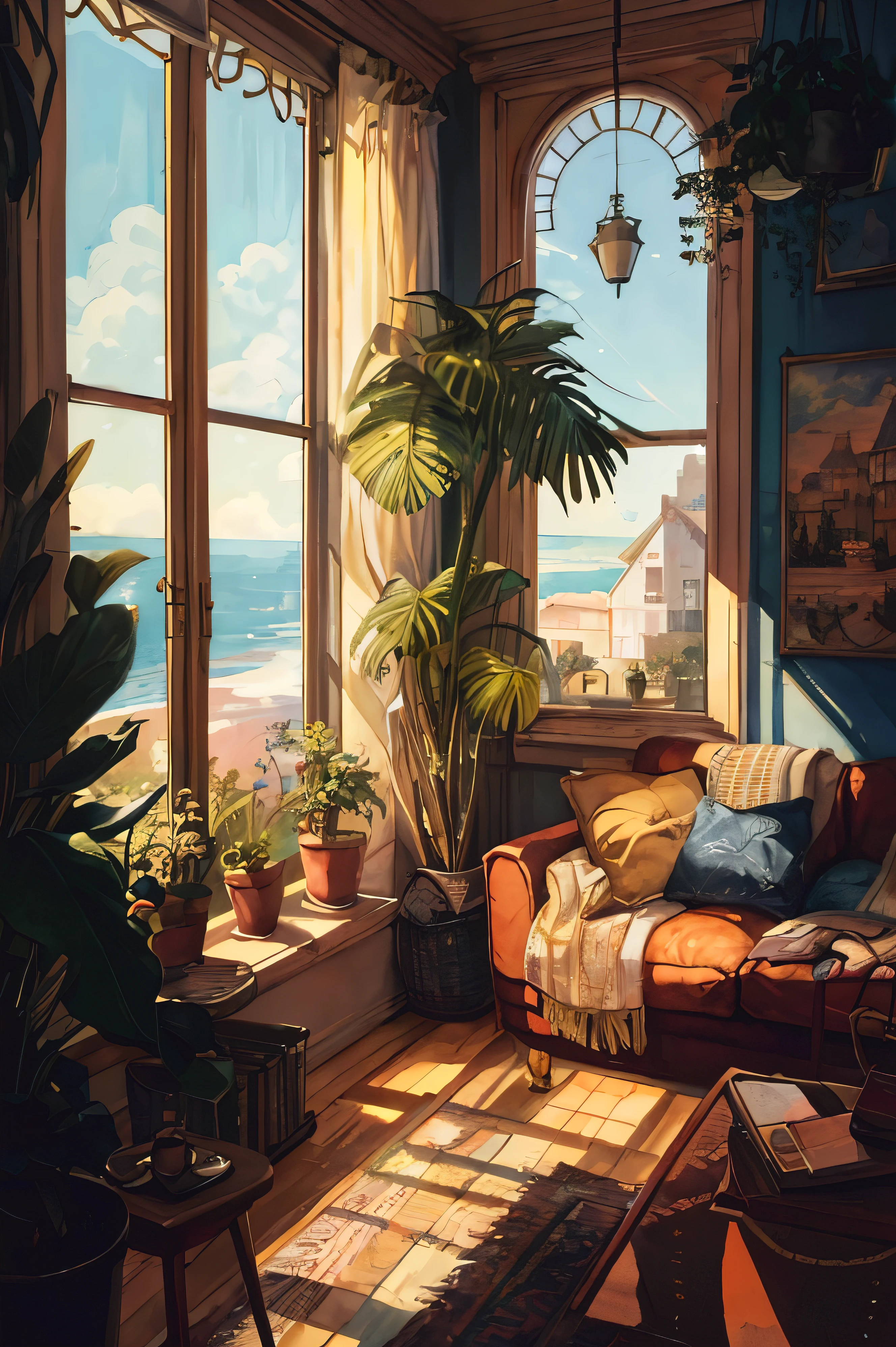 there is a painting of a living room with a couch and a table, relaxing concept art, cozy place, sunny bay window, relaxing environment, cozy environment, relaxing atmosphere, cozy home background, cozy room, overlooking the ocean, cozy wallpaper, warm interior, dreamy and detailed, soothing and cozy landscape, lo-fi illustration style, peaceful environment, beautiful detailed scene