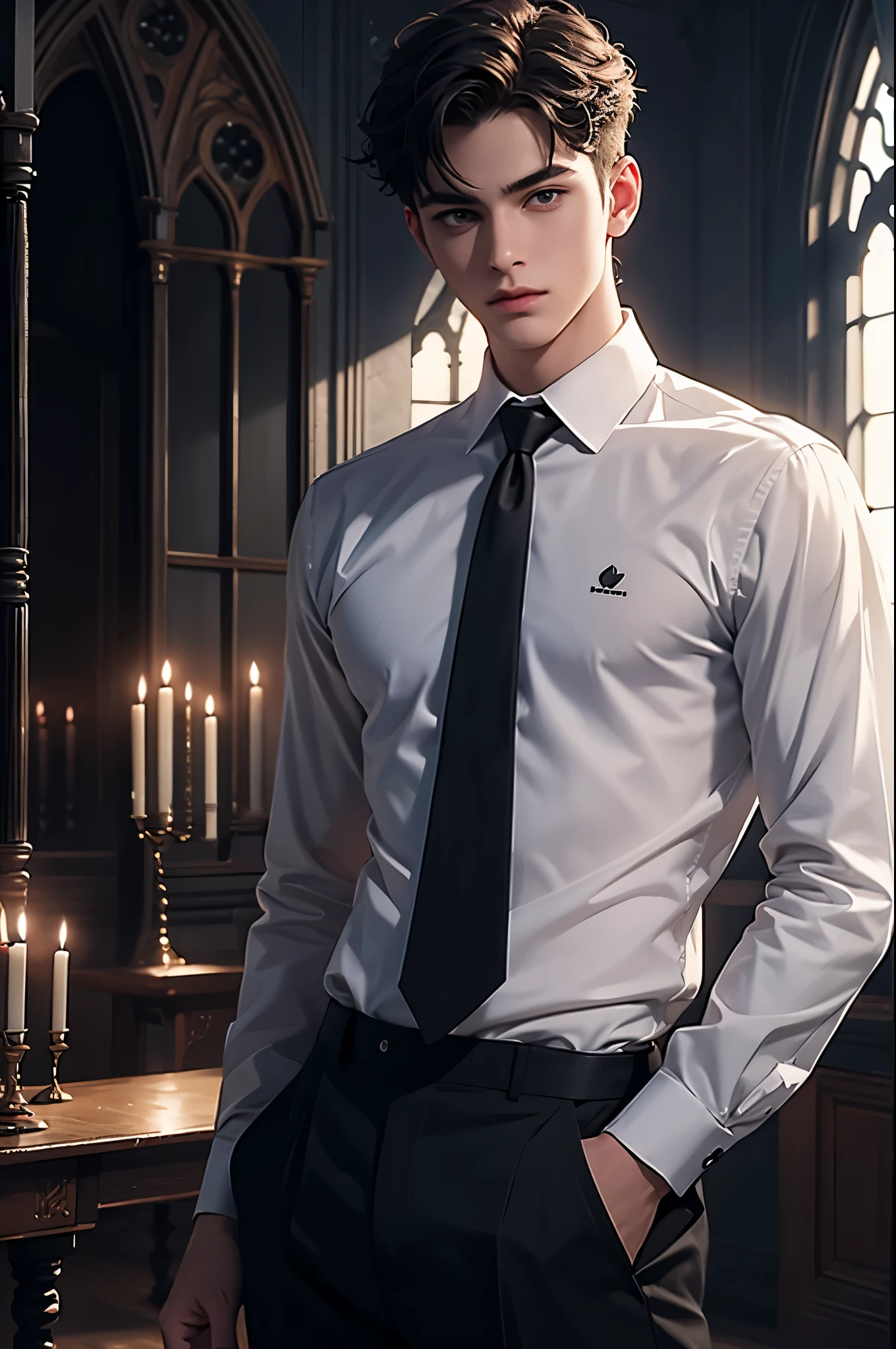 ((Best quality)), ((masterpiece)), (detailed), ((perfect face)), ((halfbody)) perfect proportions ,He is a handsome student, 18 years old, short hair, topless in uniform, there is a background of a school gothic room with lit candles, gnostic vibe ((perfect face))