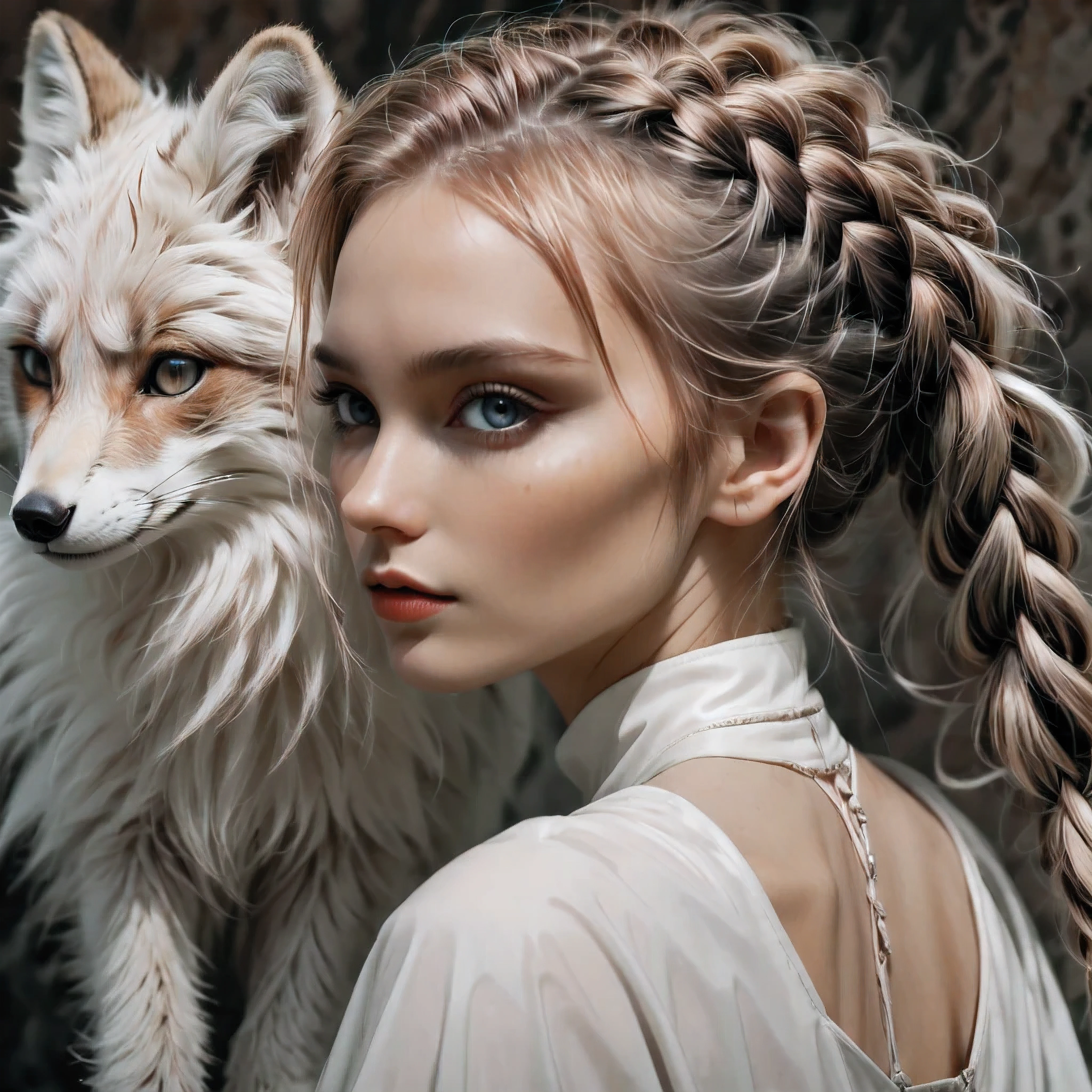 ((Close up):1.1), Outline with black ink, smooth lines, Express expressions and postures through ink contrast, The background is Nordic Tundra. Emphasize light, shadow and space. ((Drawing of Supermodel Nordic beauty with her Exotic Arctic Fox)). Light Auburn hair, (messy braided hairstyle), ((fresh)), ((detailed_beautiful-eyes):1.1), wearing furcoat, fine art piece, figurative art, Dress neatly. sexy painting, Wallop | (best quality, 4K, 8k, high resolution,masterpiece:1.2), Super detailed,(actual, photoactual, photo-actual:1.37).