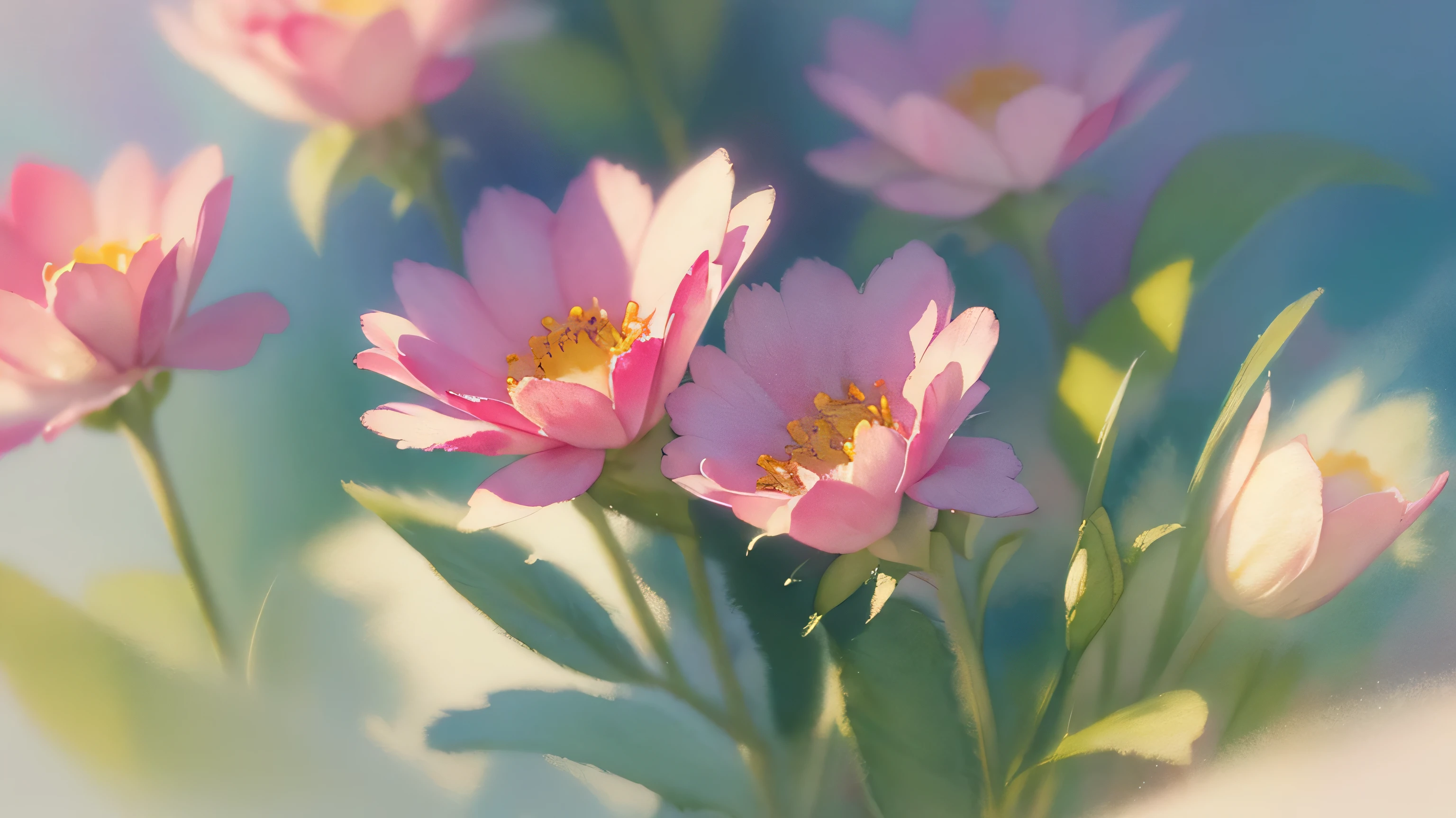 A beautiful flowers watercolor pastel painting by mehdi decuyper, close up detail with soft focus, perfect lighting and shades, with a bright vibrant color palette, trending in watercolor artstation, hyper realistic, digital art, soft gentle brush strokes, and a hint of magic.