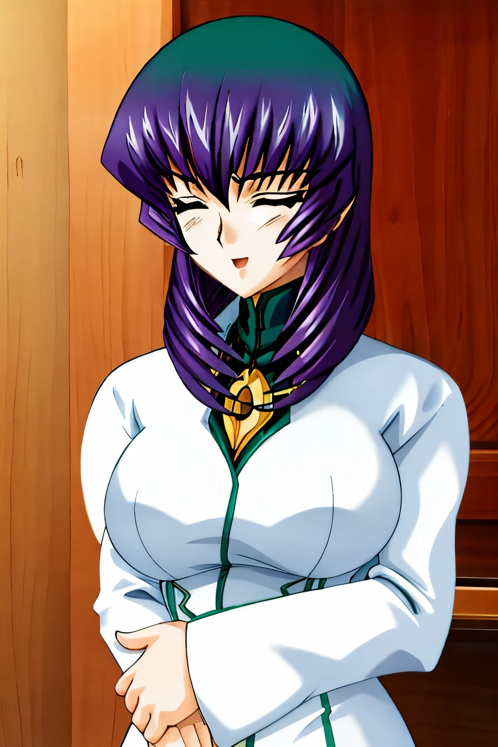 (high resolution、high quality、Masterpiece:1.5),Faye Xinlu,(light purple hair),(sidelocks),(braid short ponytail),(yellow eyes),(white highleg clothes,puff sleeve,cleavage_cutout),(gold choker),(white gloves),(black breastplate),(white stockings),(black garter belt),(white boots)