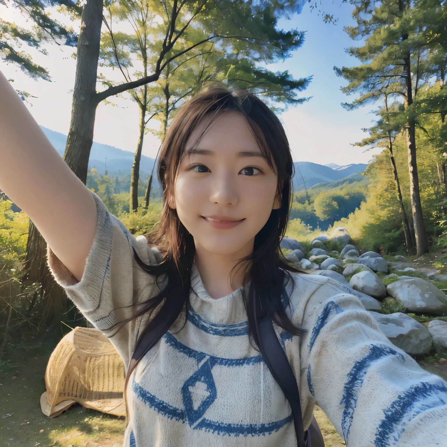 japanese girl、一卵性双born児姉妹、 ((Upper body selfie, Happy)), masterpiece, highest quality, super detailed,With two people, outdoors, (night), Mountain, nature, (performer, moon) Hilarious, Happy, Backpack, sleeping bag, camping stove, Water bottle, mountain boots, gloves, sweater, have, flashlight, forest, rock, river, wood, cigarette, Shadow, contrast, sunny, analog style (look at the audience:1.2) (skin texture) (film grain:1.3), (warm shades, warm tones) :1.2), close, cinematic light, side light, ultra high resolution, 最高のShadow, born, Upper body,  , Wearing pullover Kodak Vision 3,