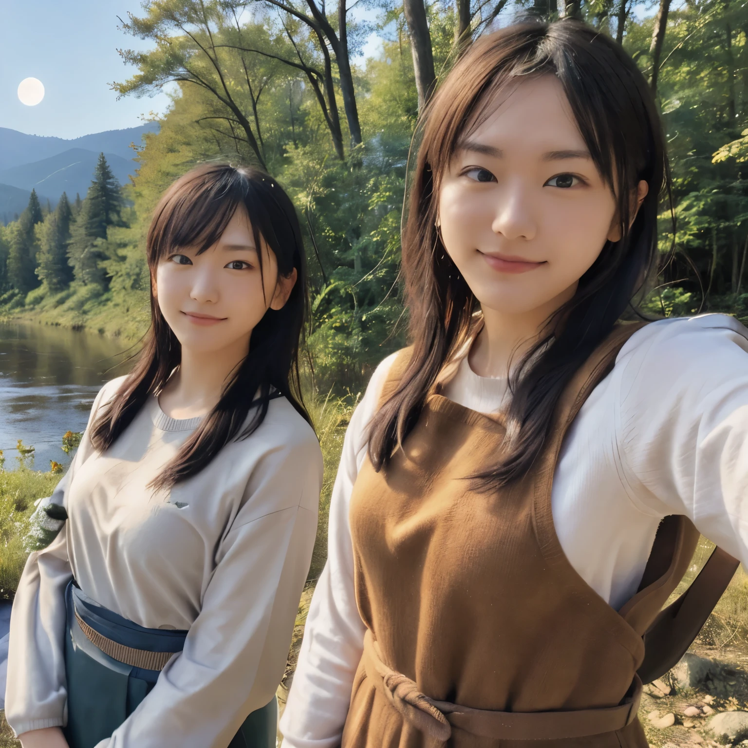 japanese girl、一卵性双born児姉妹、 ((Upper body selfie, Happy)), masterpiece, highest quality, super detailed,With two people, outdoors, (night), Mountain, nature, (performer, moon) Hilarious, Happy, Backpack, sleeping bag, camping stove, Water bottle, mountain boots, gloves, sweater, have, flashlight, forest, rock, river, wood, cigarette, Shadow, contrast, sunny, analog style (look at the audience:1.2) (skin texture) (film grain:1.3), (warm shades, warm tones) :1.2), close, cinematic light, side light, ultra high resolution, 最高のShadow, born, Upper body, , Wearing pullover Kodak Vision 3,