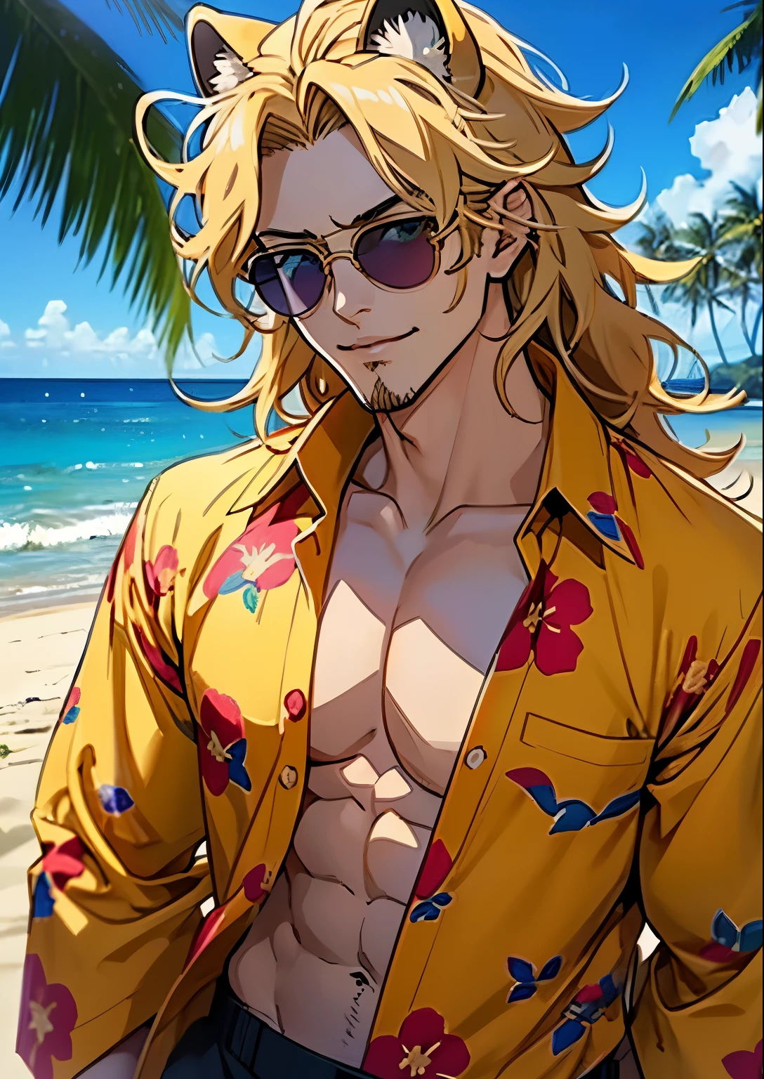 Anime style man with long blonde hair down to waist on the beach holding sunglasses on his head wearing honeycomb shorts