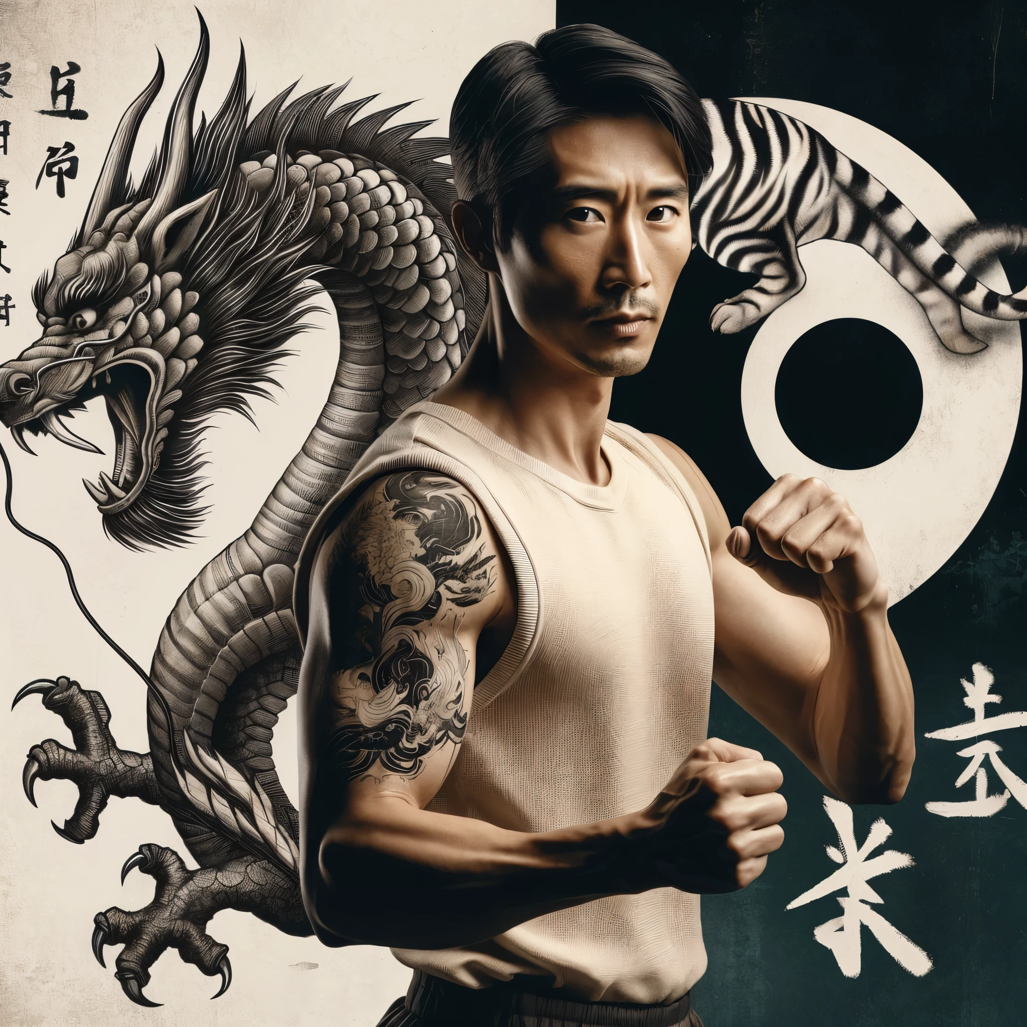 an Asian man standing half body, face facing the camera. with a graphic background depicting a dragon and a tiger. The person appears to be in a fighting position, the person is wearing a cream sleeveless shirt and is posing as if he is preparing to fight. The background of the yin and yang symbol features a dragon with intricate scale details, while the tiger has contrasting black and white stripes. There is also Japanese kanji text scattered around the background.