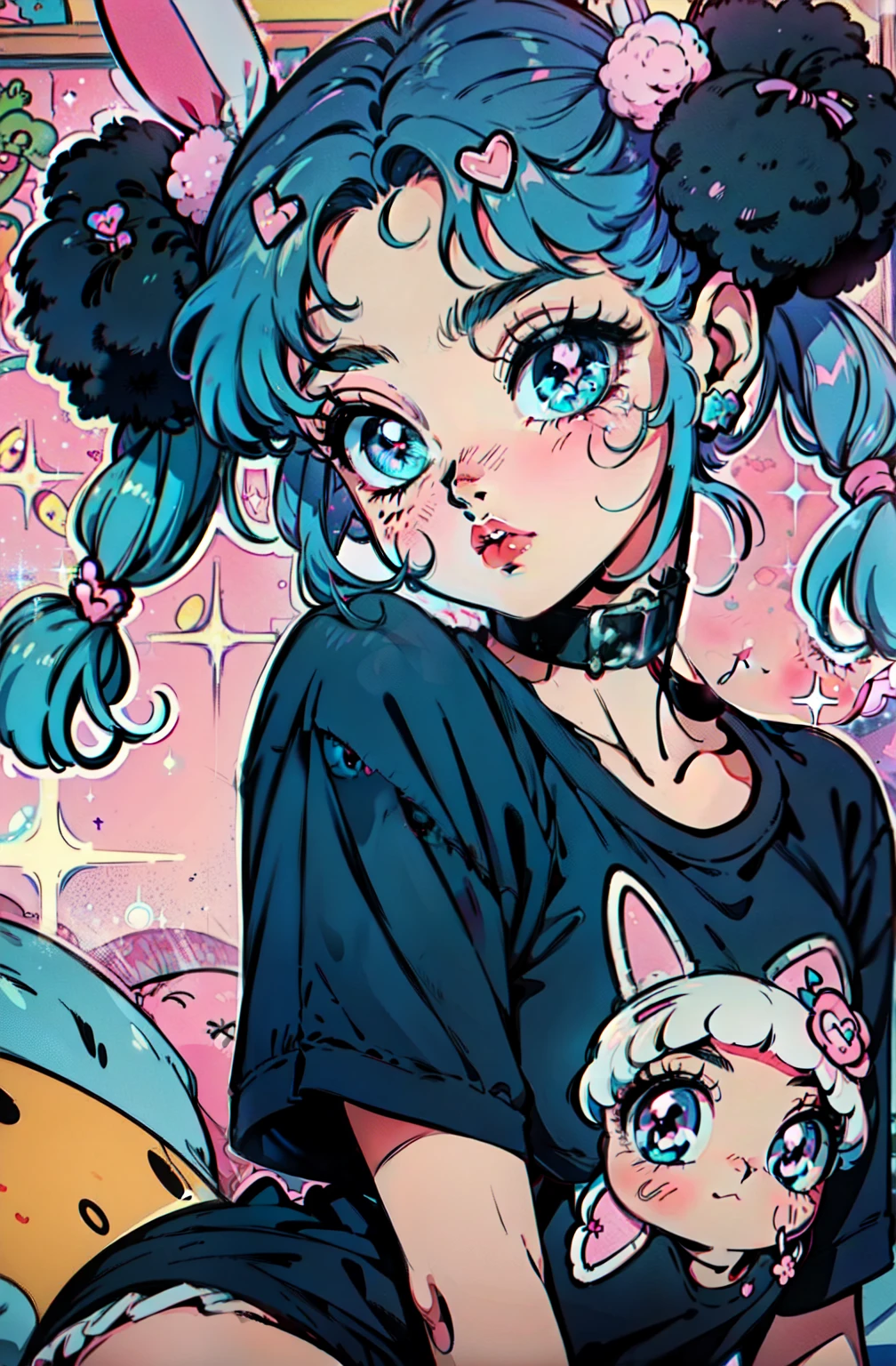 masterpiece, best quality, masterpiece, (1girl),solo, blue hair, long pigtails with (pompom), bunny ears in black, bunny outfit, pink eyes, tshirt, heart eyes, sparkles