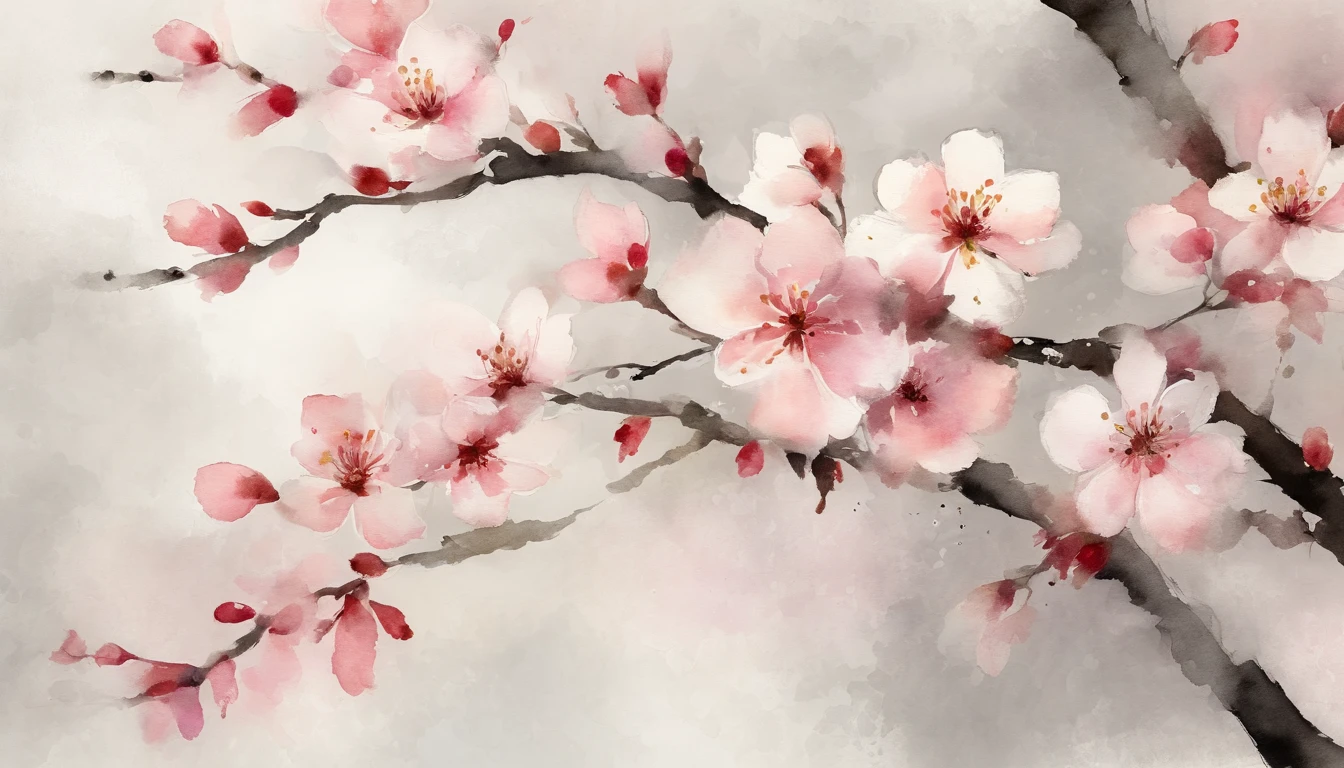 (best quality,highres,masterpiece:1.2),ultra-detailed,ink wash and watercolor texture,(pale,subtle) touch,ink wash and watercolor painting,close-up,((cherry blossoms)),texture of ink,subtle color gradation,soft blending of ink,delicate lines and strokes,((cherry blossom petals)),refined ink and watercolor techniques,light and shadow effects,translucent and ethereal atmosphere,brushstrokes with varied thickness,((cherry blossom branches)),elegant composition,fine details and textures,((cherry blossom buds)),subtle ink bleeding effect,((dainty cherry blossom flowers)),((subtle color washes)),((watercolor mixtures)),((subtle ink contours)),natural and organic forms,((cherry blossom petals softly falling)),((soothing and serene ambiance)),((shadow and light play)),((evoking a sense of tranquility)),dreamlike and evocative mood,((subtle ink splatters)),((light delicate washes)),((blurred cherry blossom background)),((minimalistic composition)),((minimal color palette)),((subtle watercolor washes))