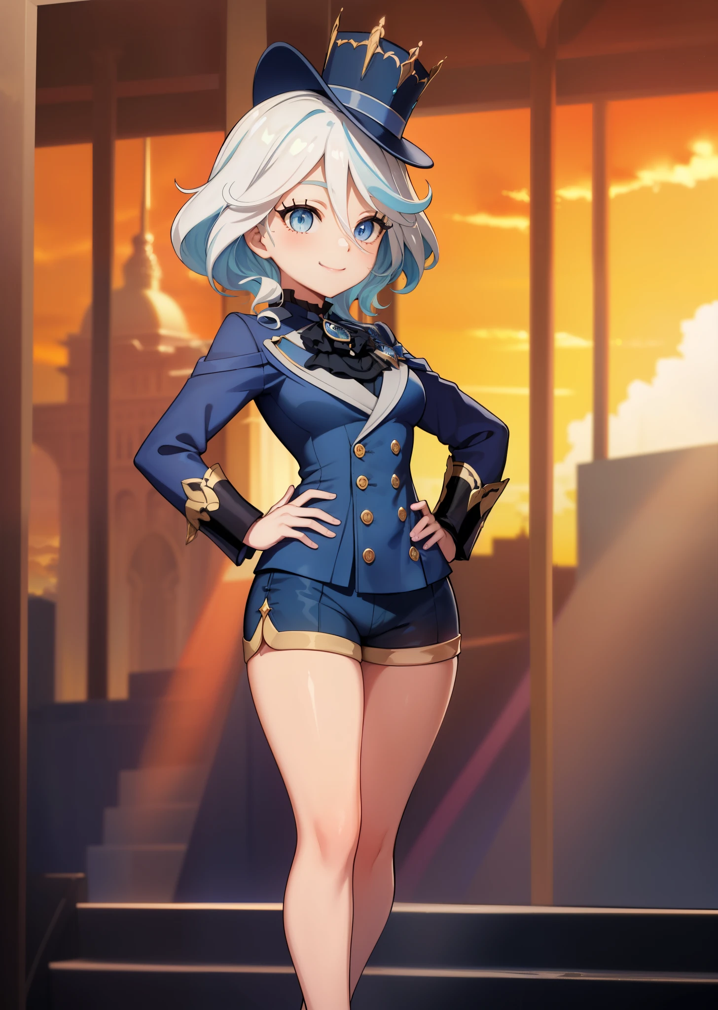 [furina], ((masterpiece)), ((HD)), ((high res)), ((solo portrait)), ((waist-up)), ((front view)), ((beautiful render art)), ((anime)), ((detailed shading)), {(attractive), (slim figure), (curly white hair), (blue highlights in hair), (cute blue eyes), (heterochromia), (long eyelashes), short eyelashes, short blue hair, (curvy hips), (detailed legs), (beautiful legs), (blushing), (cute smile)}, {(classy blue outfit), (blue shorts), (hydro vision on hip), (tophat)}, {(standing), (looking at viewer)}, [Background; (opera house), (stage), (sunrise), (sun rays), (ambient lighting)]