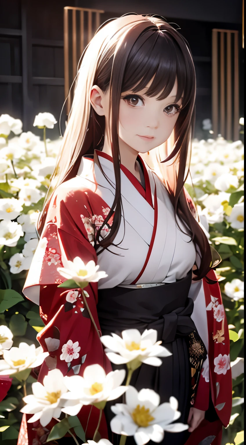 The background is a world of white flowers、highest quality, table top, High resolution, (((1 girl))), 16 years old,red eyes、Dark red kimono、((Dark red floral kimono)), Tyndall effect, realistic, shadow studio, red lighting, dual tone lighting, (high detail skin: 1.2) Digital single-lens reflex camera, photograph, High resolution, 4k, 8k, background blur,fade out beautifully、The background is a world of white flowers