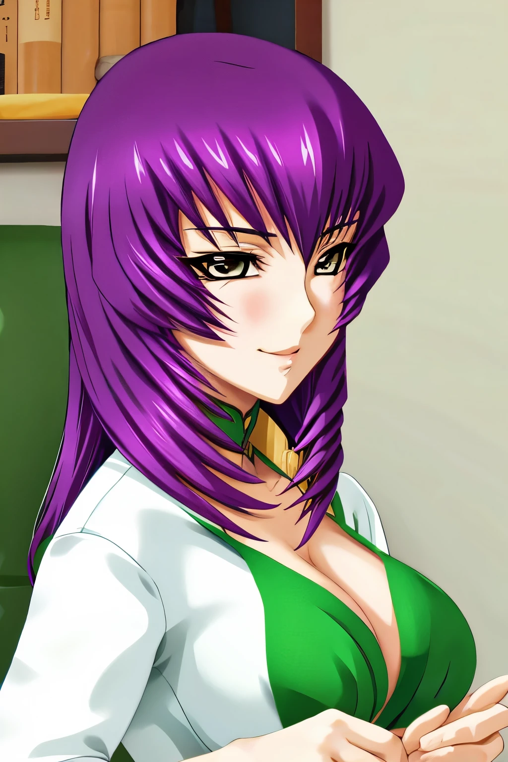 Kouzuki Yuuko con un sujetador verde, belleza asombrosa, angelablanca, sonrisa sensual, belleza asombrosa, escote, sexy look at the camera, mirada sexy, chica sexy