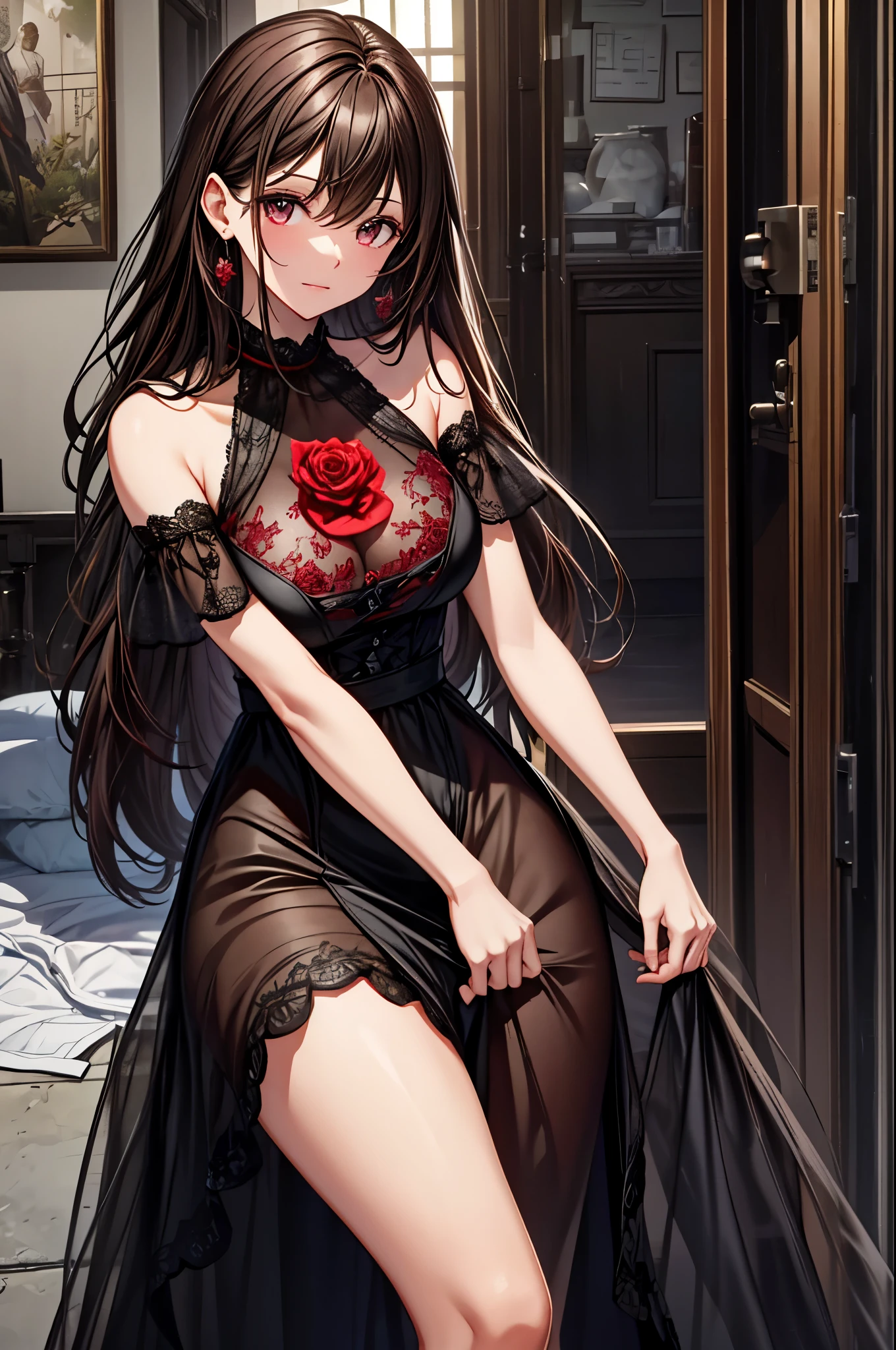 8k, RAW photo, Fujifilm, style photo of a beautiful 45 year old woman, square face, a red rose on the neck, wearing black lace dress with red, golden earrings, strong features like a spinning dove, (highly detailed skin: 1.2), medium brown hair with lights, film grain, 35mm, cute style