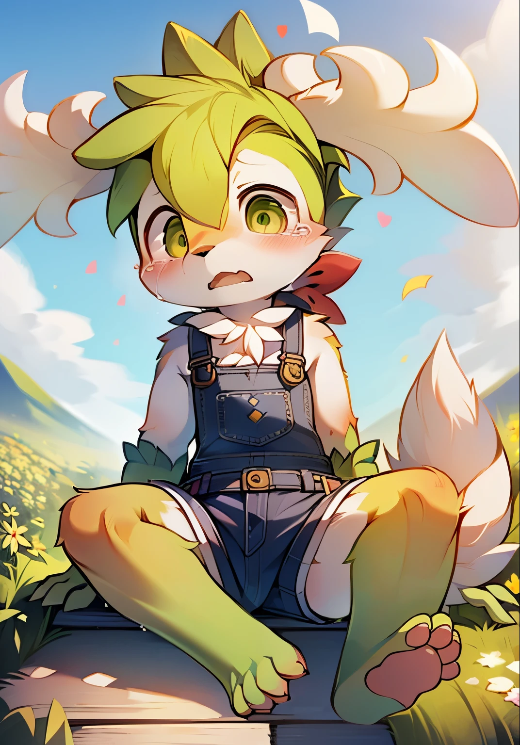 masterpiece,high quality,abstract research,number\(artwork\), yupa, Kiyoyama,(Hana Charcoalo,fluffy fur,Character focus:1.1),Hana Charcoalo male cat,short hair,portrait , eyes are very bright, panoramic, Character focus.(Detailed background:0.7), alone, hairy, hairy male, Shaymin，Sky forme Shaymin，male focus, juvenile，Shota，**********，Hana Charcoal,(全身hairy的, hairy的尾巴, white fur, green eyes, big ear，green hair，Green paws，green feet:1.2), (canine、overalls shorts：1.2），（External、noon、flower field：1.1）Mountains and fields，albani flower，lederhosen, Lovely，red scarf，sit on the floor, crying with tears, sad