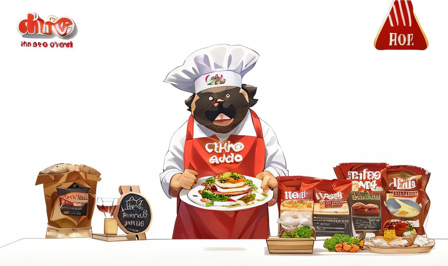 araffes with a chef hat and apron holding a plate of food, help me, advertising photo, surprise me, yummy, ready, commercial photo, ready to eat, awe sublime, look at me, very award - winning, handsome, advert, award-winning crisp details”, award - winning crisp detailikko, sublime, looking partly to the left