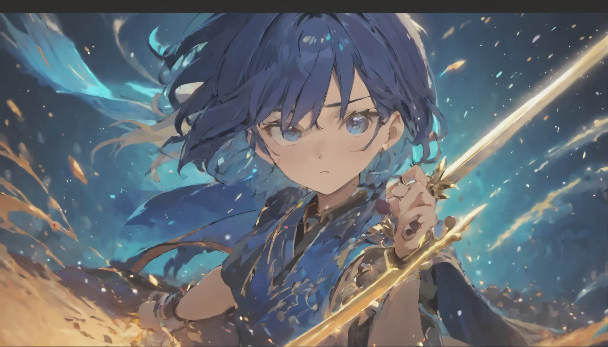 Best quality, masterpiece, detailed skin texture, detailed clothes texture, detailed face, super detail, 8k, intricate detail, 1 boy, The color doesn't change, Muscle guy, 1 little boy, blue eyes, midnight blue hair, with two swords