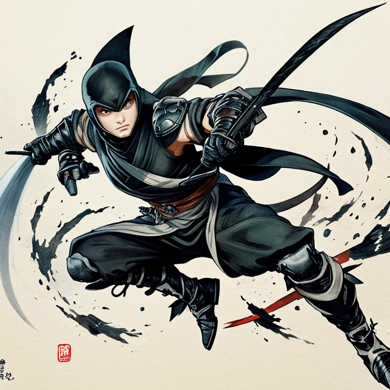 NINJA,ink painting,Fight、jump