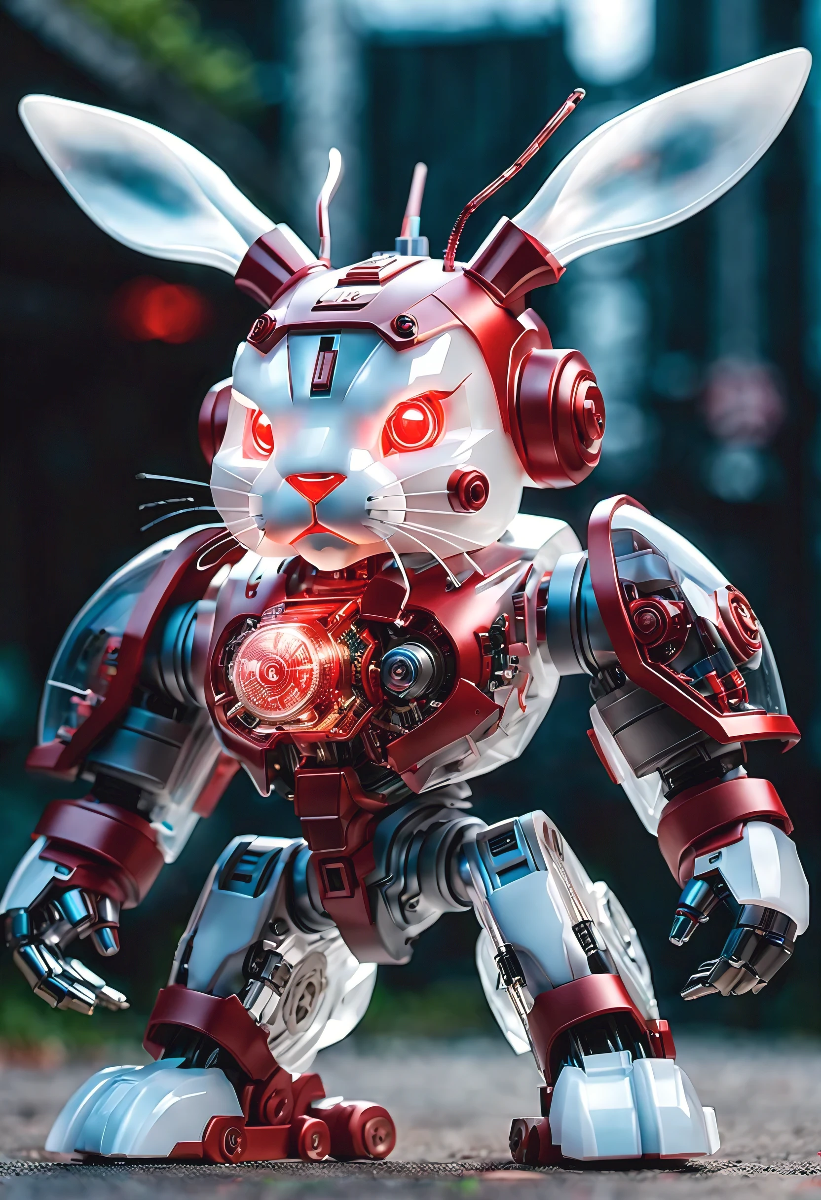 (Blind box toy style:1.2),personification, huge (translucent machinery:1.2) Rabbit head contains a lot of electronic components, Luminous electronic eye. The mecha stands on the ground in a fighting posture. White and red color scheme.(Ray tracing, Well-designed, high detail, masterpiece, best quality, ultra high definition)