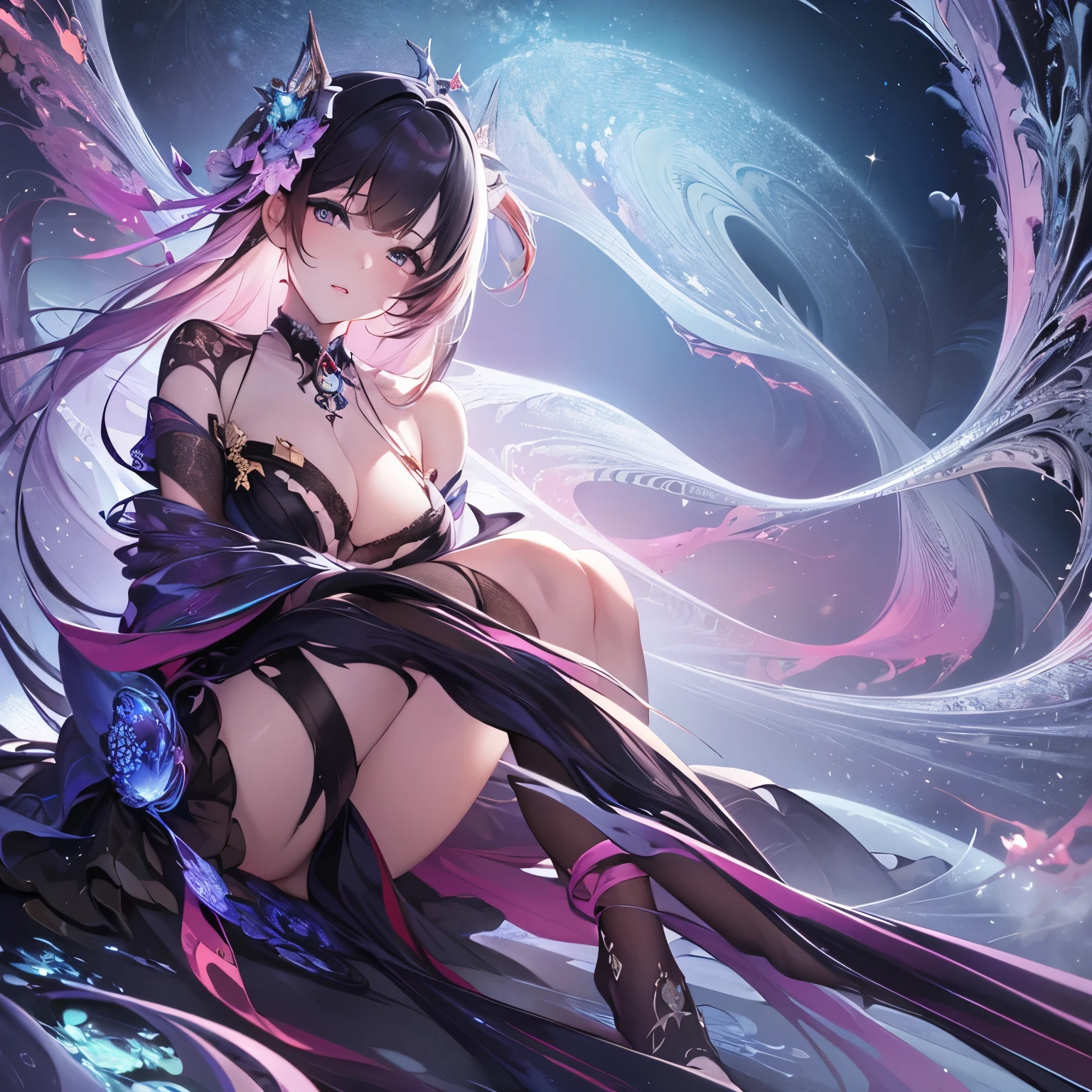 (masterpiece, highest quality, highest quality, official art, beautiful and aesthetic:1.2), (1 girl), very detailed,(fractal art:1.3),colorful,most detailed,Beautiful yet dangerous atmosphere,Bewitching,Deformed,White background
