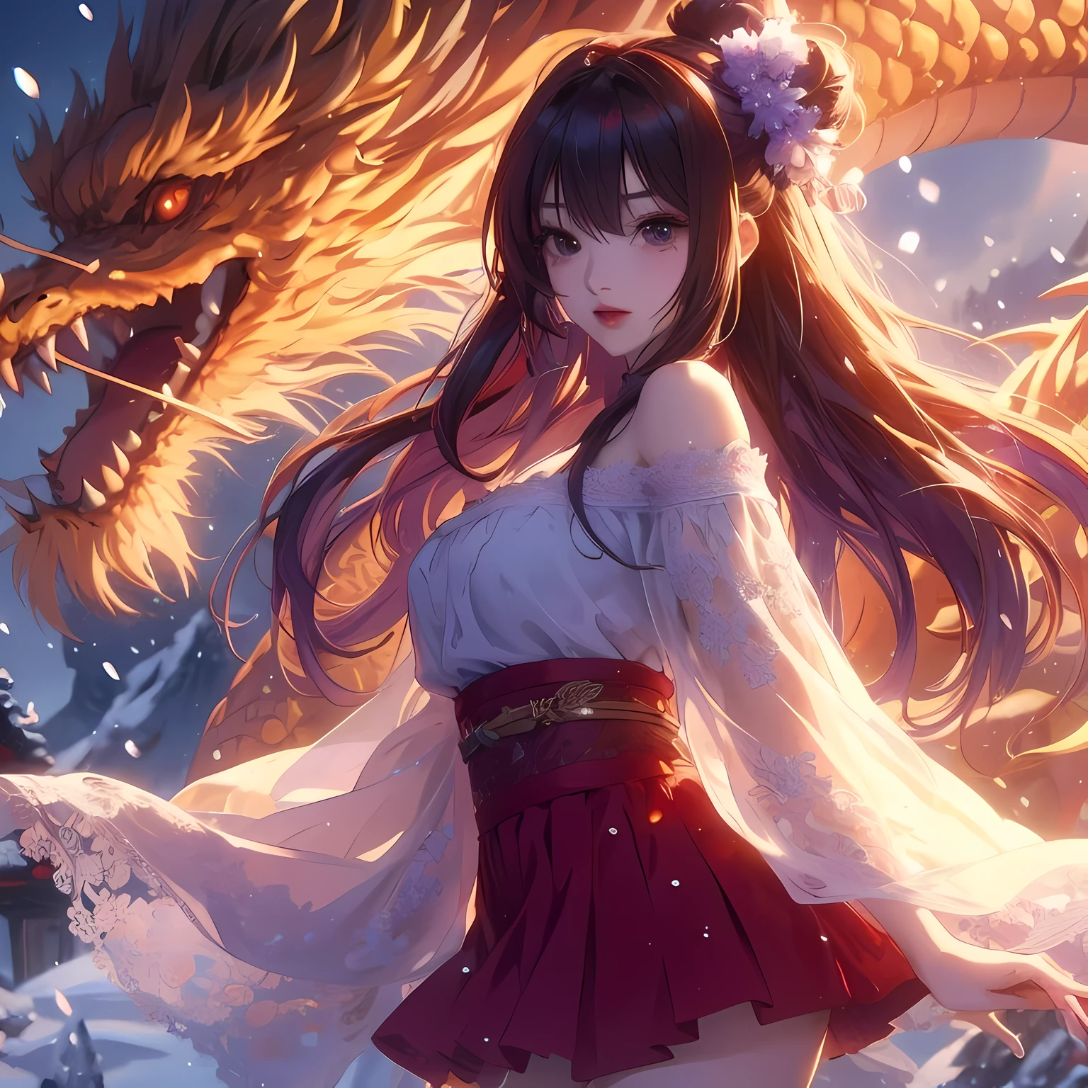 Anime girl with long hair and dragon head in the snow, anime style 4k, Anime Art Wallpaper 4k, Anime Art Wallpaper 4k, Animation Art Wallpaper 8k, 4k comic wallpaper, 4k anime wallpaper, anime wallpaper 4k, anime wallpaper 4k, Anime fantasy artwork, Detailed digital animation art, HD anime wallpaper, anime epic artwork