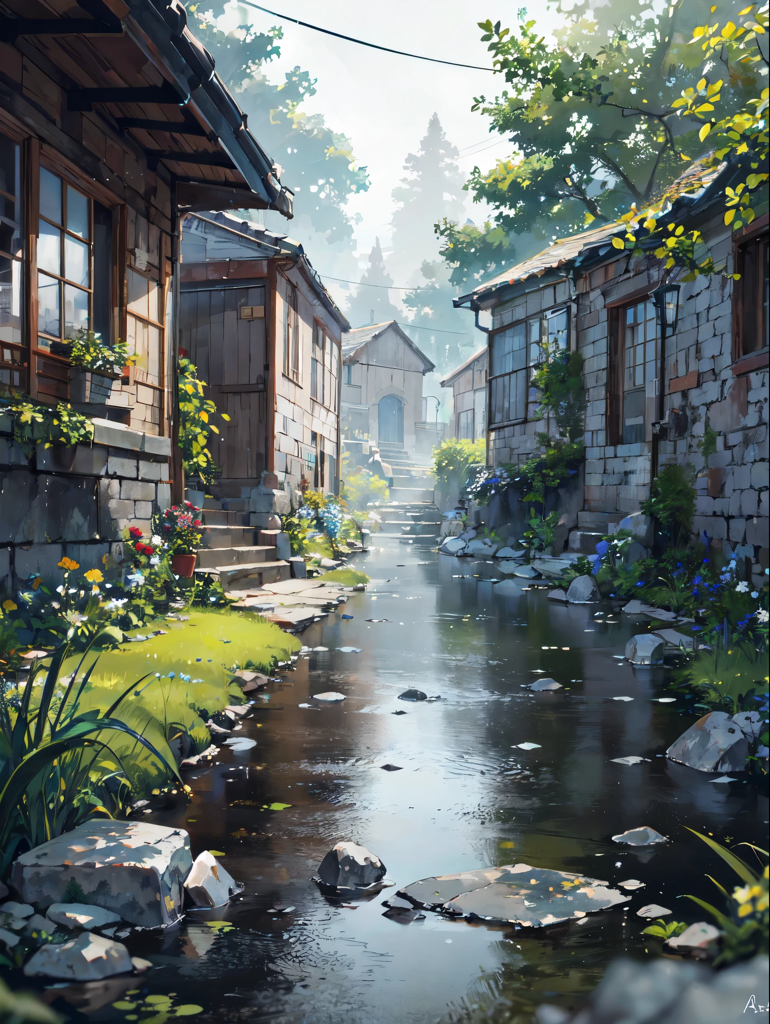 On a gray, rainy day in the small mountain village of Aetherbrook, the narrow streets glisten with rainwater, reflecting the muted sky above. The molded and grassy village path, made with broken stone, is adorned with sparkling water droplets, each one a miniature jewel of nature's artwork. The anime art style breathes life into the scene, as the raindrops dance through the air, capturing the essence of movement and energy. The lighting highlights the shimmering water droplets, creating a mesmerizing play of light and shadow. The camera style captures the intricate details of the village path, showcasing the rain-kissed stones and the lush greenery surrounding it. The render style accentuates the texture and translucency of the water droplets, evoking a sense of serenity and immersion in the rainy day ambiance. Step into this magical world, where every water droplet tells a story and the rainy day reveals its hidden beauty in Aetherbrook.