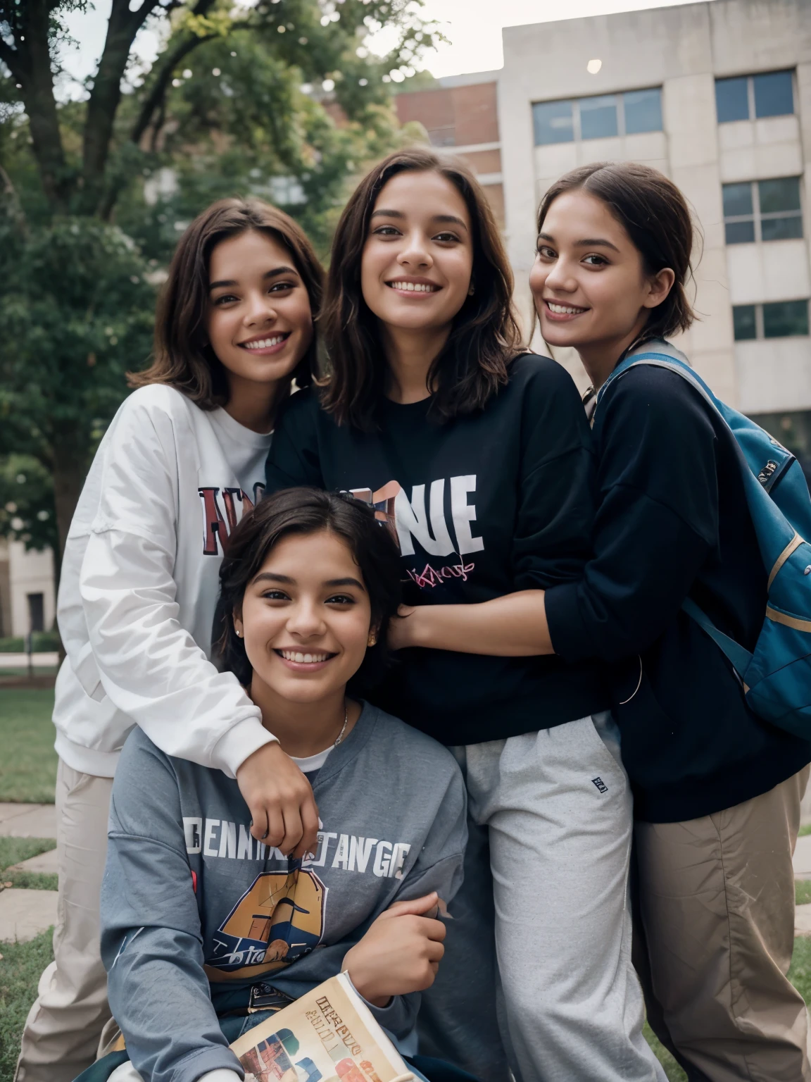 group of 5people, 5young latin girl, chubby, university student, short hair, bandana, smiling, laughing, casual long sleeve college shirt, flanel shirt, colorful oversize t shirt, varsity jacket, long pants, closeup, carrying backpack and books, vogue magazine photoshoot, elegant pose, sitting on grass, front of university building, 90s look, 1990 university