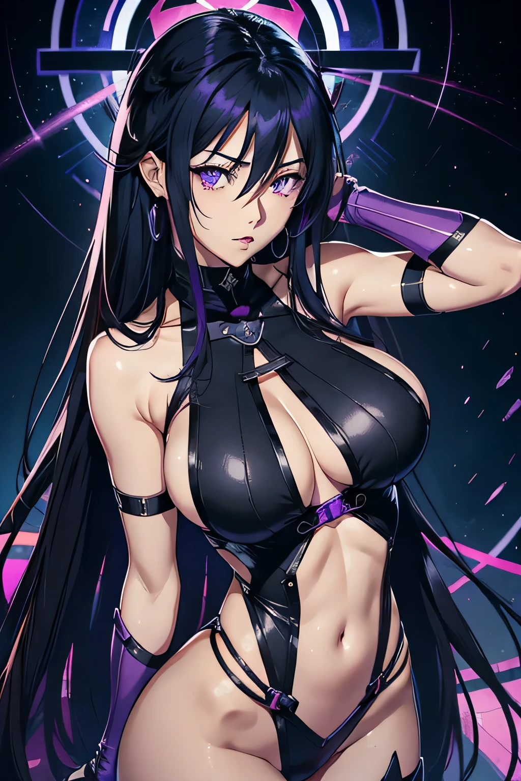 akeno himejima, highschool dxd, fair skin, long dark hair, violet eyes, ((detailed eyes:1.2)), large breasts, nsfw, wearing superhero costume, sexy, sensual, sleeveless, sideboob, underboob, masterpiece, top quality, best quality, official art, beautiful and aesthetic:1.2), extreme detailed, colorful, highest detailed