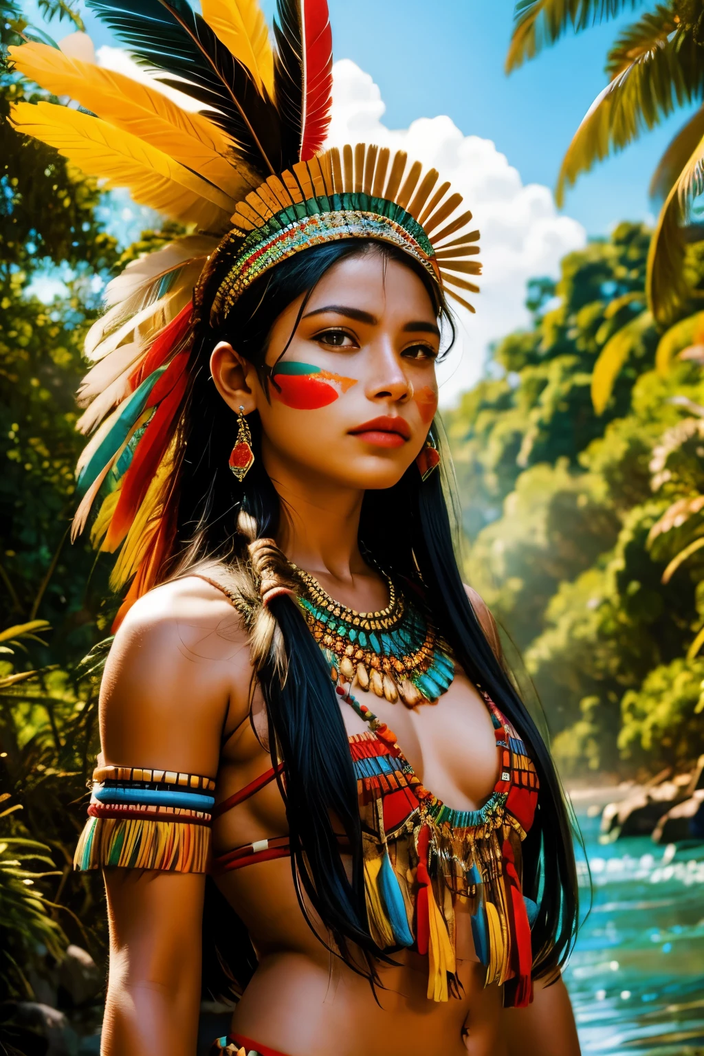 SFW. ((RAW photo, Best quality)), (Realistic, photo-realistic:1.4). A beautiful indigenous girl in native dress with feathers and feathers on her head, amazon indian peoples in brazil, beautiful young female brazilian Native girl, paint face, Hot Body, Yanomami Indian in typical costumes,High quality. Amazonia forest and river Background, sunbeams. vivid colors, cinematic lighting.