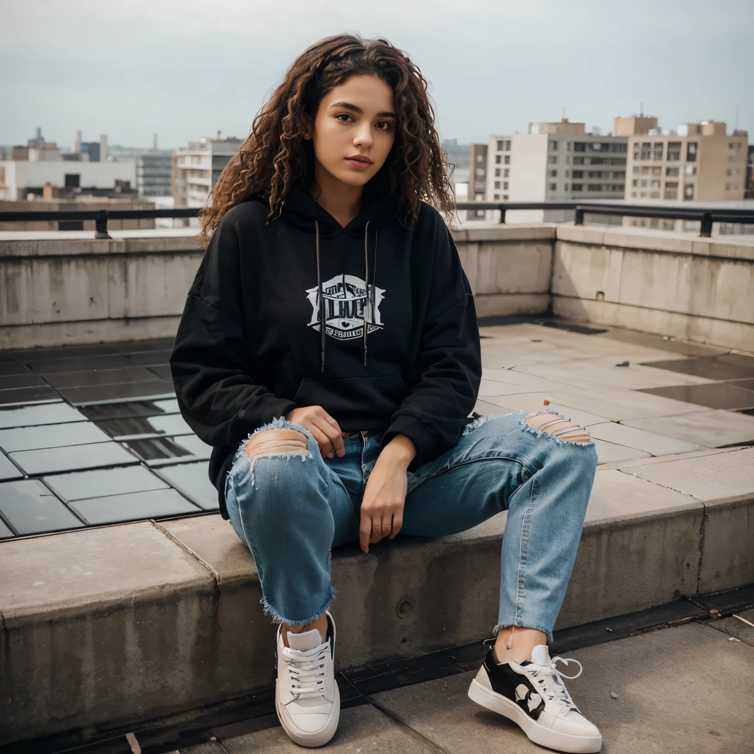 woman with curly hair at a rooftop wearing ripped wide jeans and sneakers and black hoody.