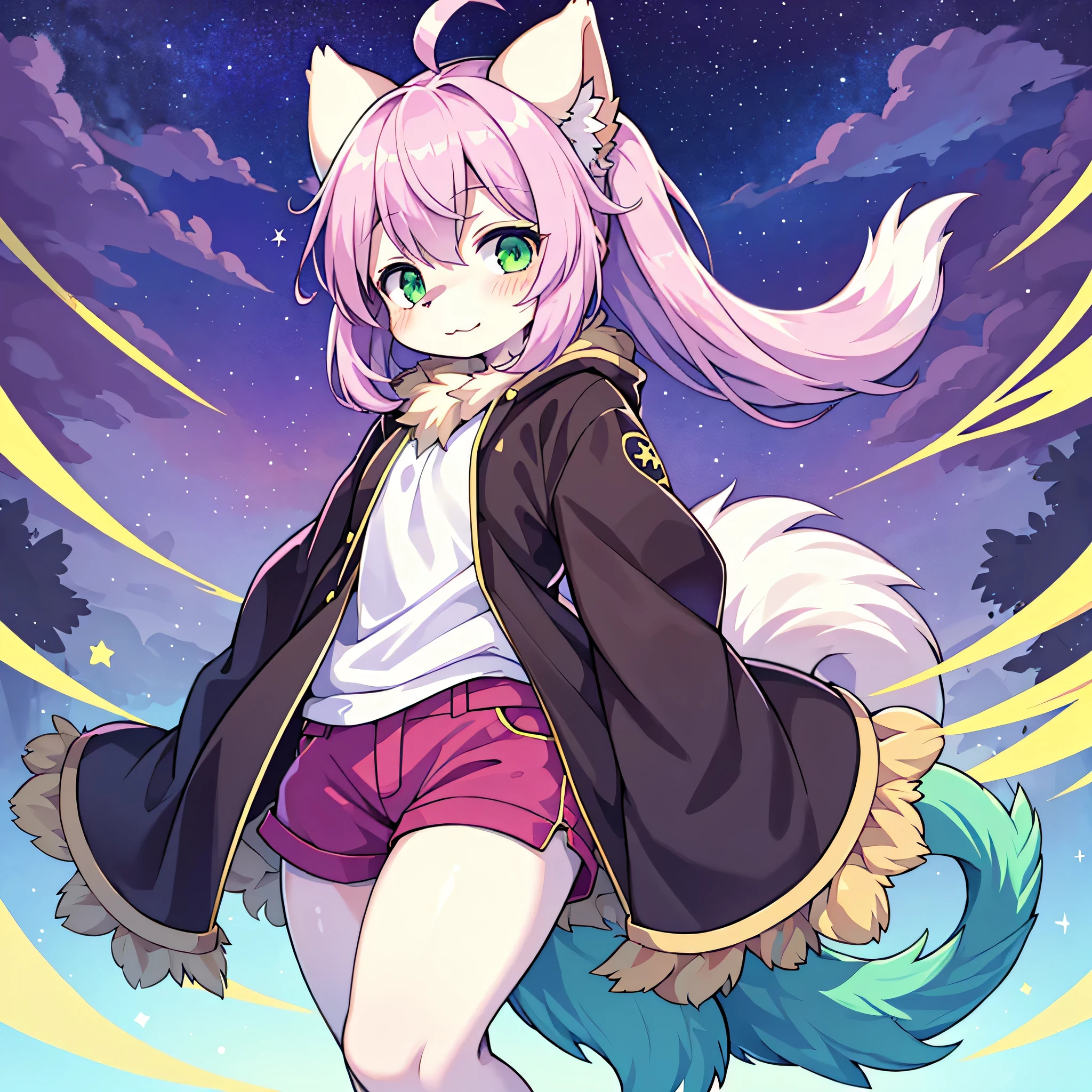 1 girl, Role, furry, Body_fur, Role_thing, green_Eye, alone, Tail, blush, boundary, closure_Mouth, cowboy_shooting, Shy, watch_exist_audience, purple_background, alone, Permanent installation, Star_\(Sky\), Starry_Sky, white_boundary, Bokeh, _top, shorts