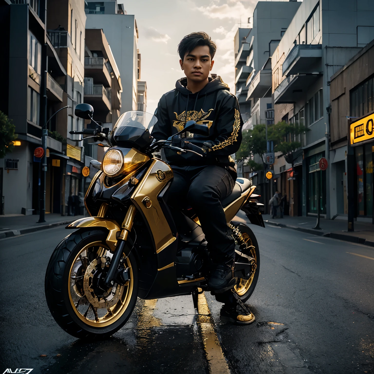 3D caricature photo of an Indonesian young man with neat hair, wearing a hoodie that says "Elangs", riding a of Honda Beat Street matic scooter, sleek and modern with black and gold color scheme, displaying its right side. The motorcycle has thick tires with gold rims, a dark body with gold stripes and accents, and an intricate suspension system painted gold, background on asphalt road, with a mountainous, realistic image, full ultra HD details. Use the RenderMan renderer.