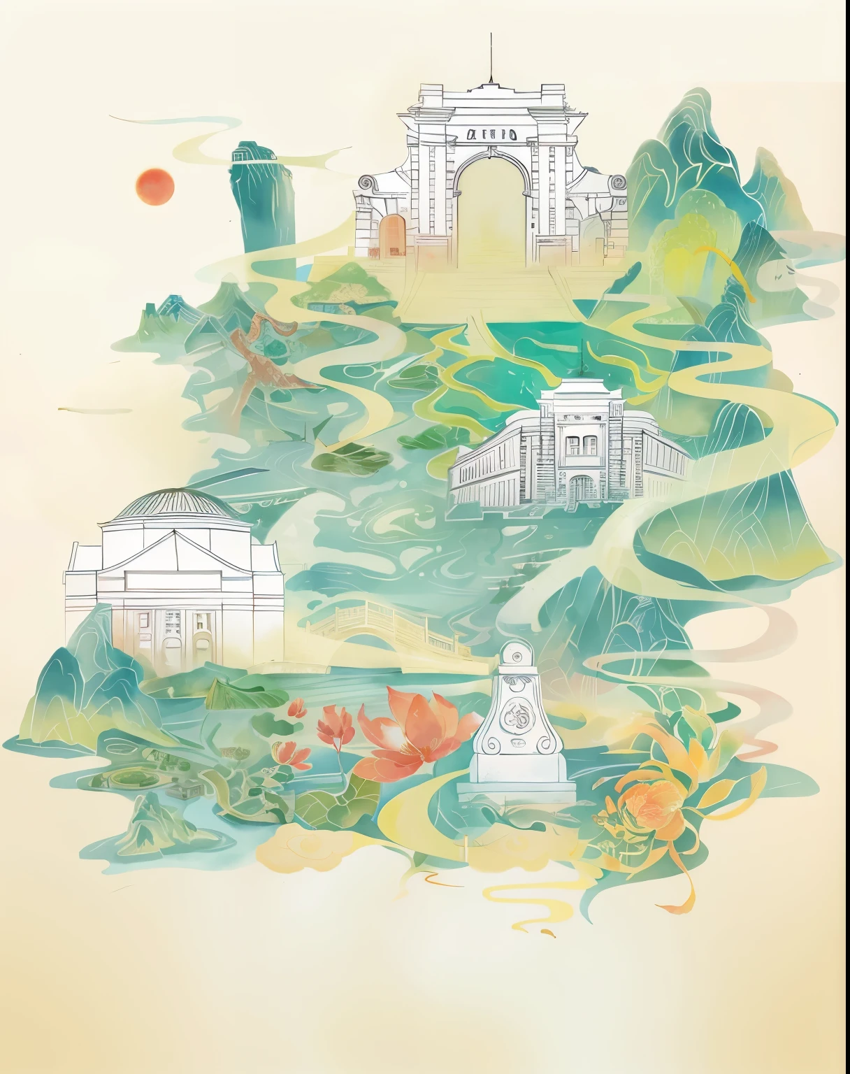 There is a map of the city,There is a bell tower above, a beautiful artwork illustration, poster illustration, The cosmology of Kyoto landscapes, Chinese watercolor style, blurry and dreamy illustration, Depicting the background of the temple, whole page illustration, Sacred City | illustration, official illustration, Inspired by Victor Wei, dreamy illustration, ancient city landscape, watercolor illustration style yhuayyhua 优化
