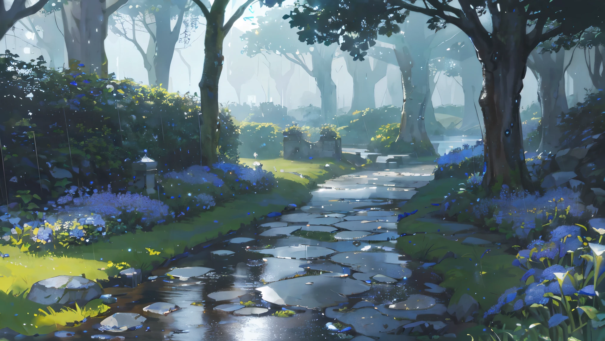 On a gray, rainy day in the small mountain village of Aetherbrook, the narrow streets glisten with rainwater, reflecting the muted sky above. The molded and grassy village path, made with broken stone, is adorned with sparkling water droplets, each one a miniature jewel of nature's artwork. The anime art style breathes life into the scene, as the raindrops dance through the air, capturing the essence of movement and energy. The lighting highlights the shimmering water droplets, creating a mesmerizing play of light and shadow. The camera style captures the intricate details of the village path, showcasing the rain-kissed stones and the lush greenery surrounding it. The render style accentuates the texture and translucency of the water droplets, evoking a sense of serenity and immersion in the rainy day ambiance. Step into this magical world, where every water droplet tells a story and the rainy day reveals its hidden beauty in Aetherbrook.