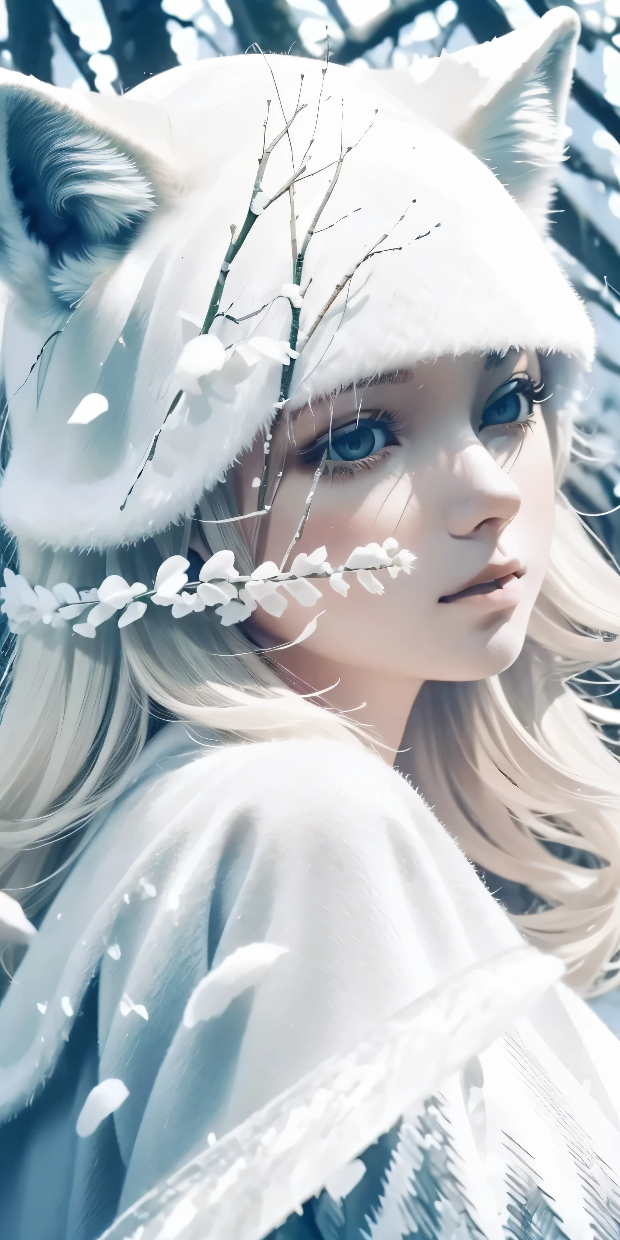 (masterpiece, best quality, super detailed, lifelike), Double contact, close up,(masterpiece, best quality, super detailed, lifelike), Double contact, close up.Deep in the snow-covered forest.white arctic fox.