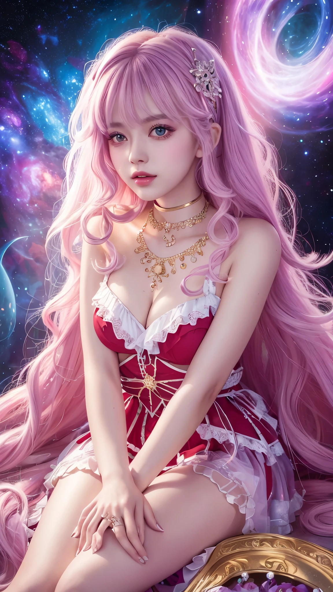 4K Ultra HD, Masterpiece, A girl with a magical aura, Good face, Long hair, shinny hair, Detailed eyes, Glossy lips, Wearing a red Lolita costume, The aura around the body, Magical effect, Spread white light, Cosmic elements and ethereal atmosphere, A mix of bright lights and colorful nebulae, universe background, Sitting, Full body capture.