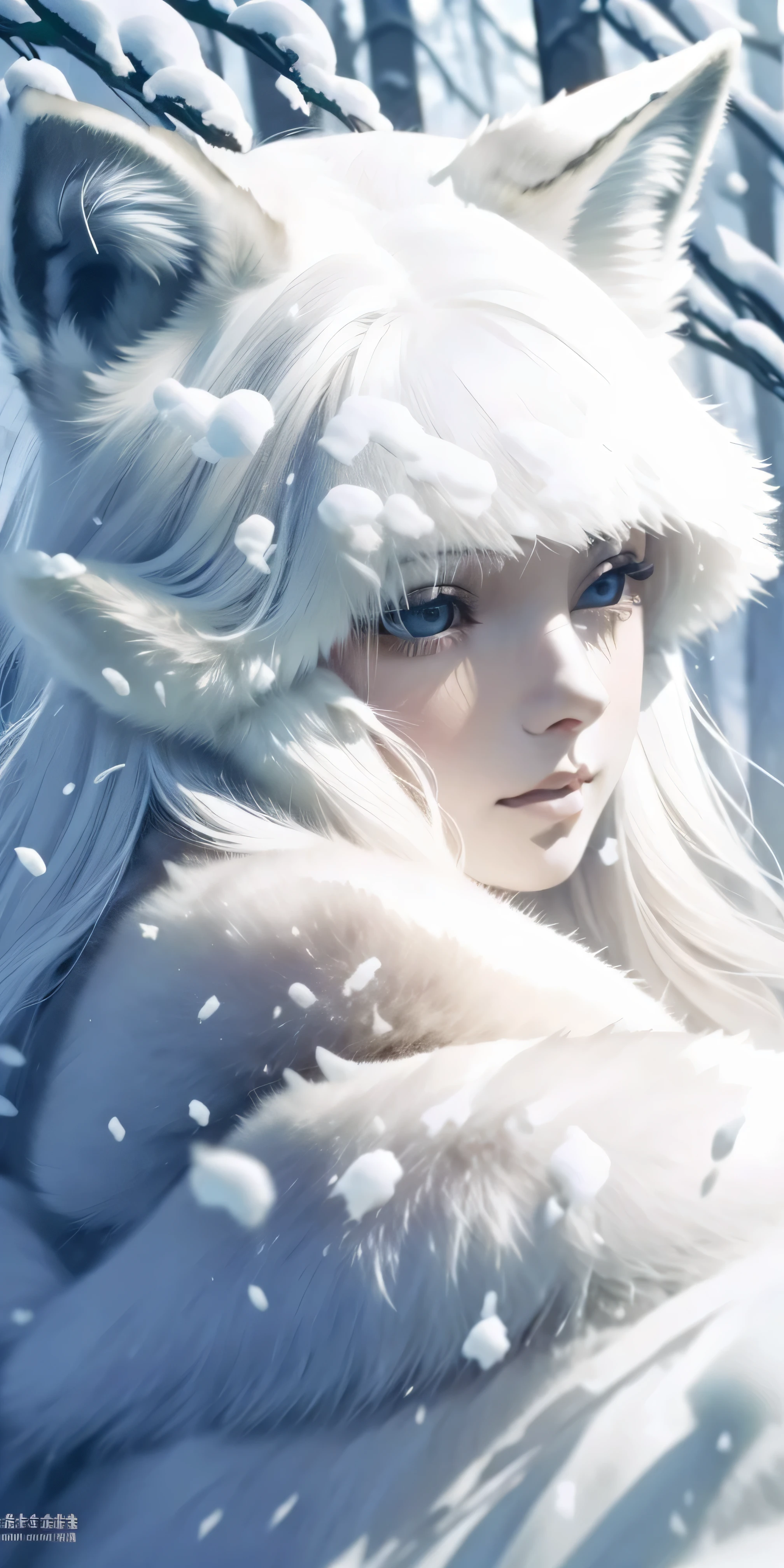 (masterpiece, best quality, super detailed, lifelike), Double contact, close up,(masterpiece, best quality, super detailed, lifelike), Double contact, close up.Deep in the snow-covered forest.white arctic fox.