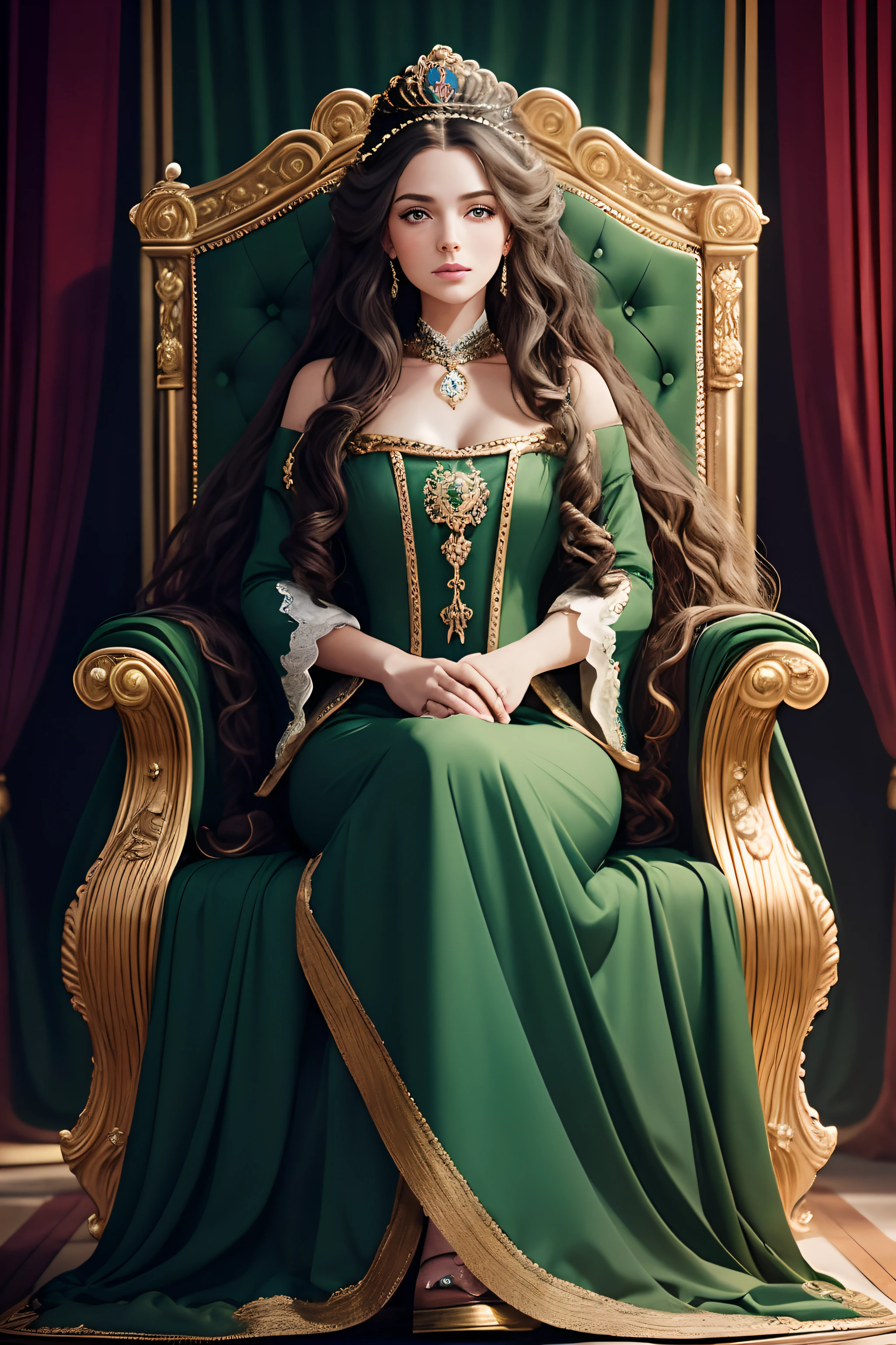 A woman, long curly blond hair, green eyes, in a royal dress, sits on a throne, in the center of a large hall in the style of 18th century Russia. A man, short black hair, gray eyes, stands behind the throne.