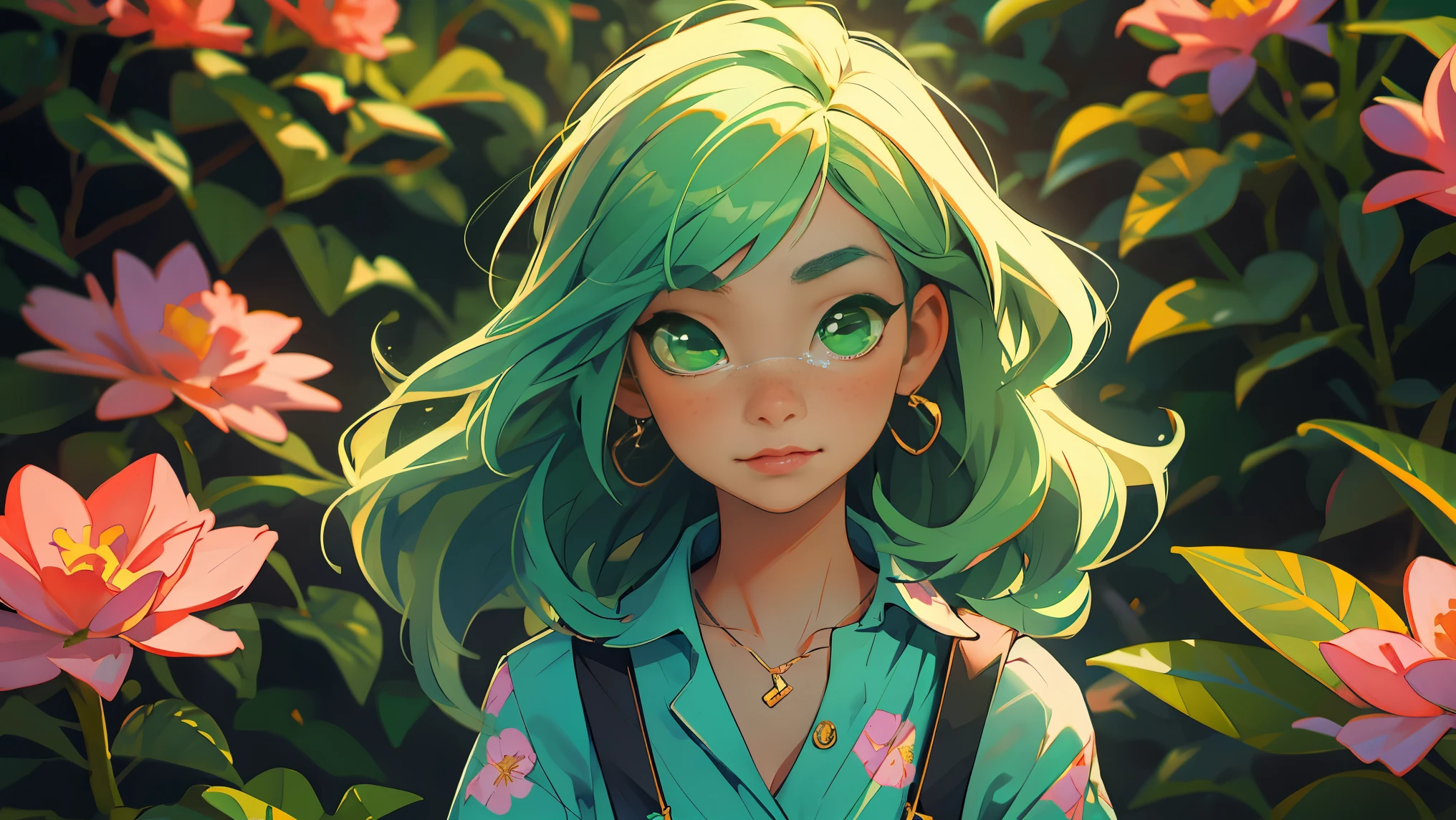 (masterpiece, best quality), 1girl, collarbone, straight long hair, looking at viewer, blurry, upper body, necklace, suspenders, floral print, freckles, green hair, sunlight,