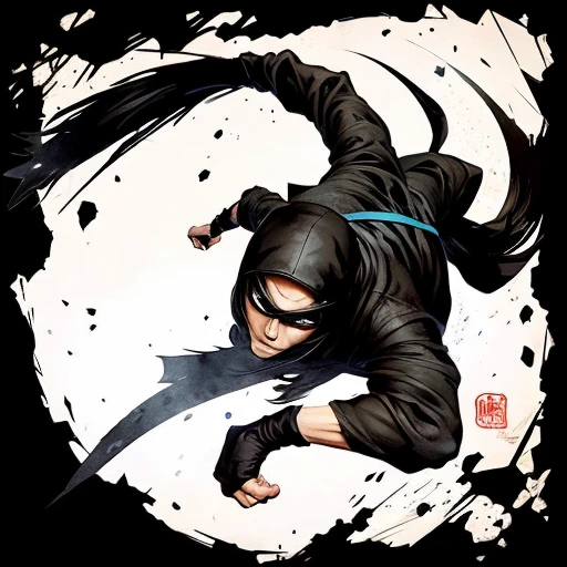 NINJA,ink painting,Fight、jump