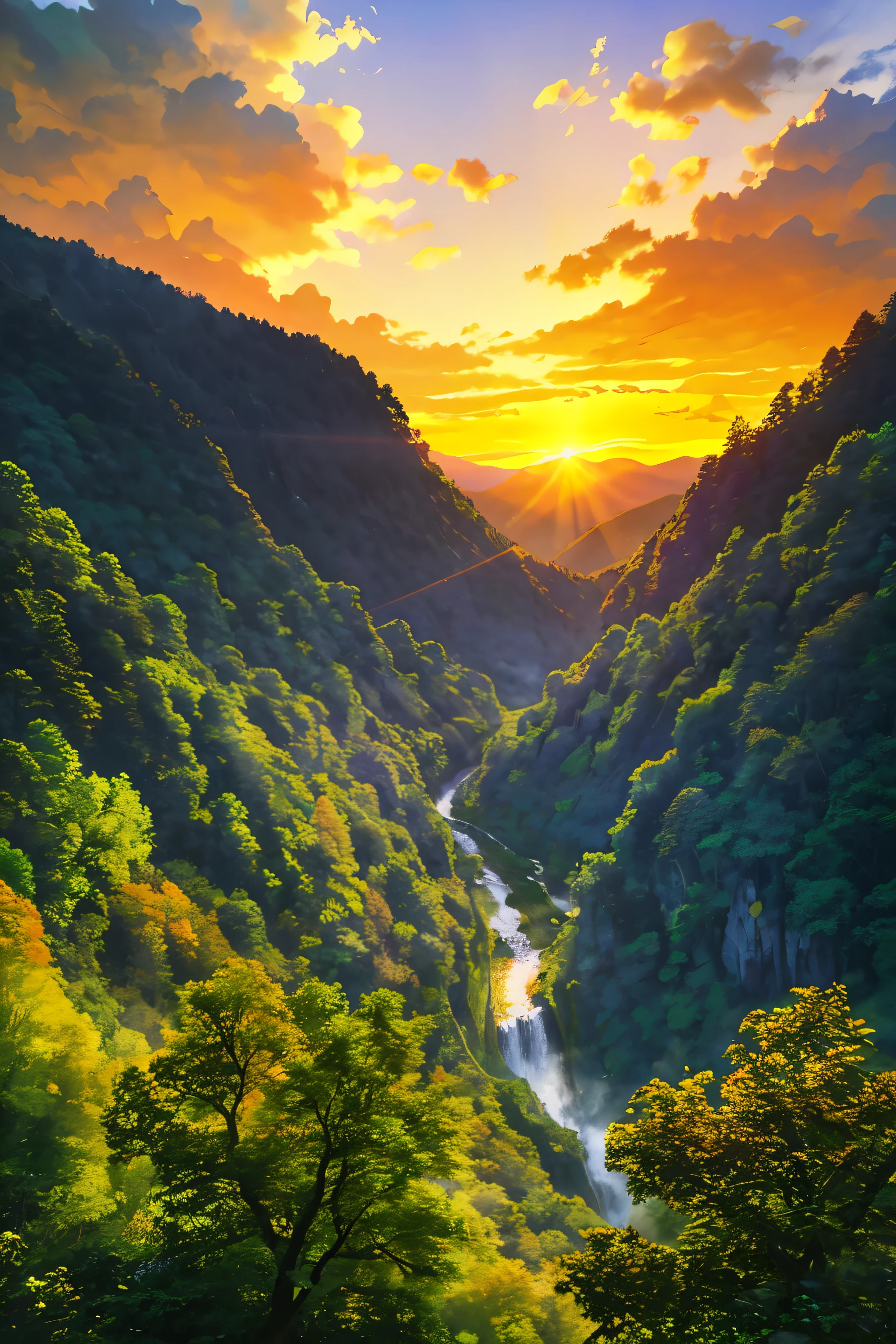 arafed view of a vector-style illustration of the Great Smokey Mountains National Park, 8k realistic, a valley with a sunset in the distance, sunset in a valley, far view, sunset view, beautiful scenery, appalachian mountains, gorgeous scenery, breathtaking scenery, lush scenery, mountains and sunset!!, majestic nature scenery, lush valley, sunset glow, morning glow, radiant morning light, lush forest in valley below, majestic view, stunning scenery, 