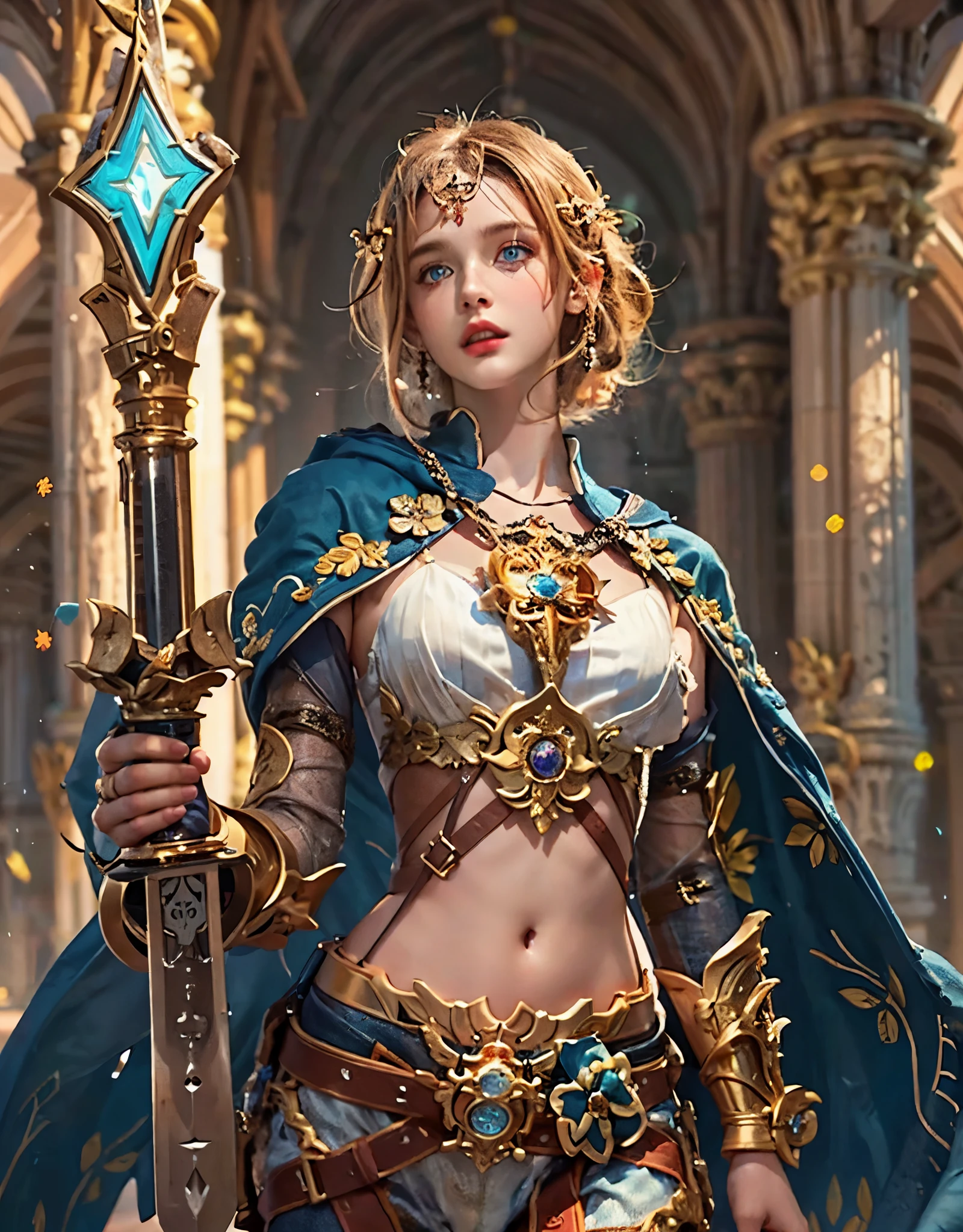 8k, RAW photo, best quality, masterpiece, realistic, photo-realistic, clear, professional lighting, beautiful face, best quality,ultra high res
BREAK

female hero,20 years old,short hair,golden hair,light brown hair,bright blue eyes,simple makeup,separated multi-layered armor,complex and luxurious decorations,midriff-baring,exposure-heavy,mystical and majestic ruins,(Full body, :1.4)(He holds a holy sword in his hand, with luxurious decoration and a mysterious and majestic presence, :1.4)