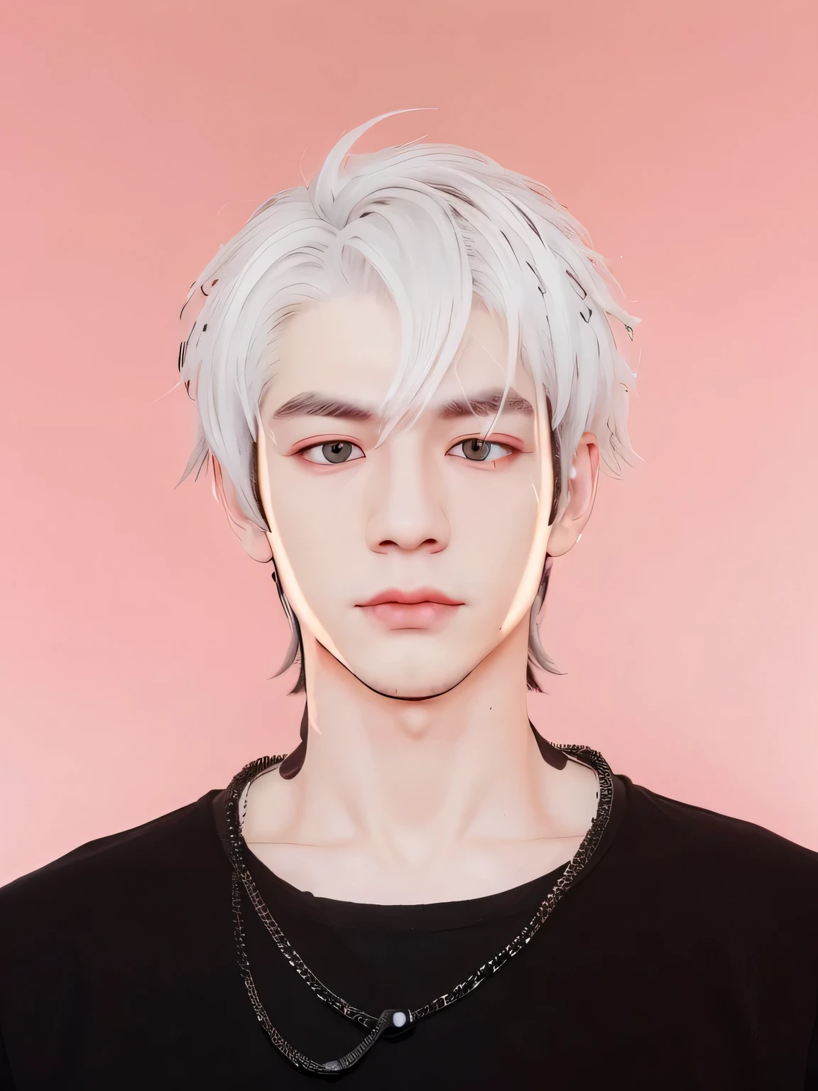 guy, white top hair, black short mullet, fire red pupils, black outer shirt, white inner shirt, thin neck chain, double eyelids, asian, clean face